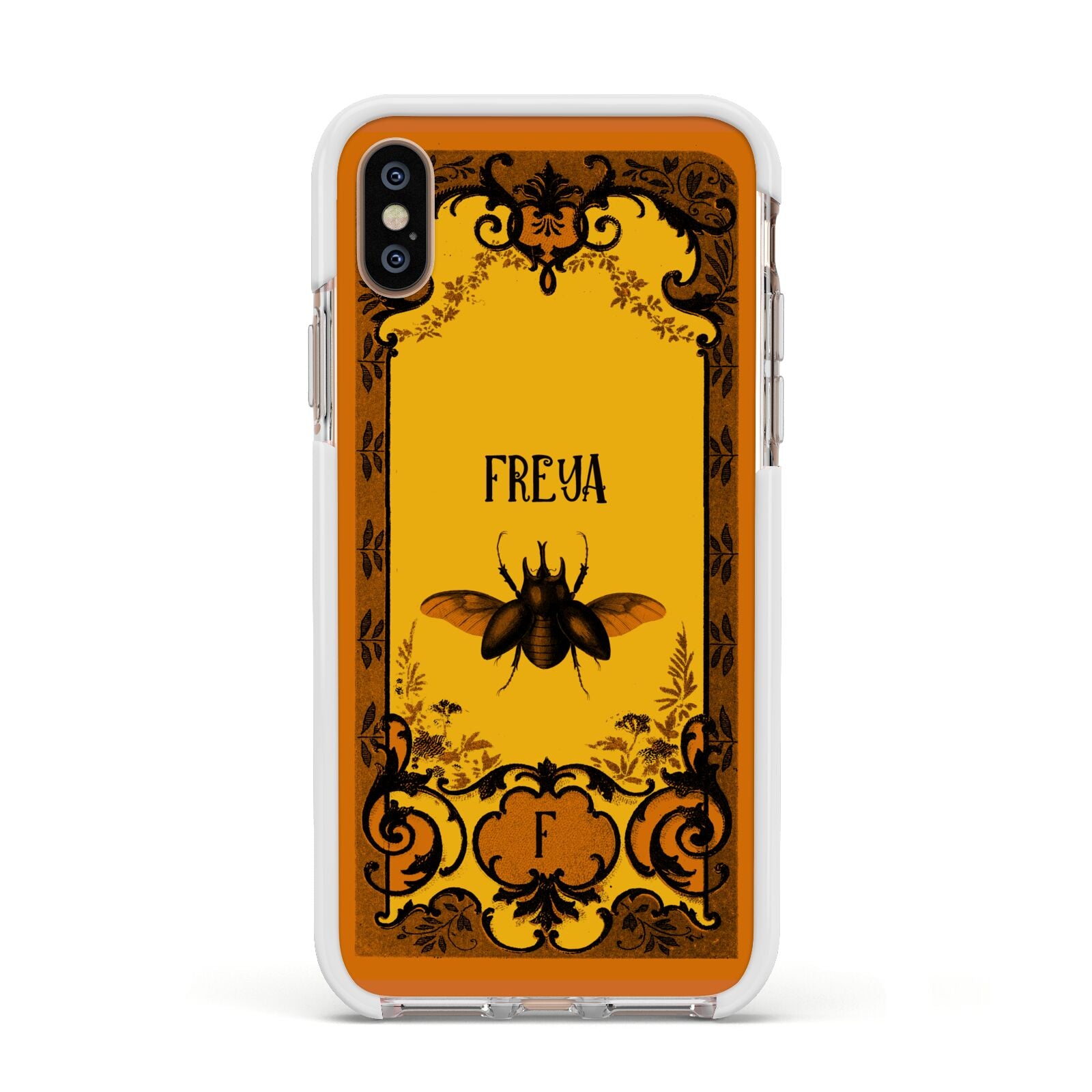 Personalised Vintage Spooky Beetle Apple iPhone Xs Impact Case White Edge on Gold Phone