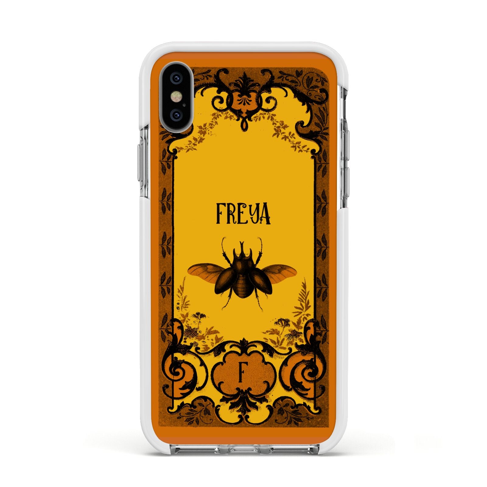 Personalised Vintage Spooky Beetle Apple iPhone Xs Impact Case White Edge on Silver Phone