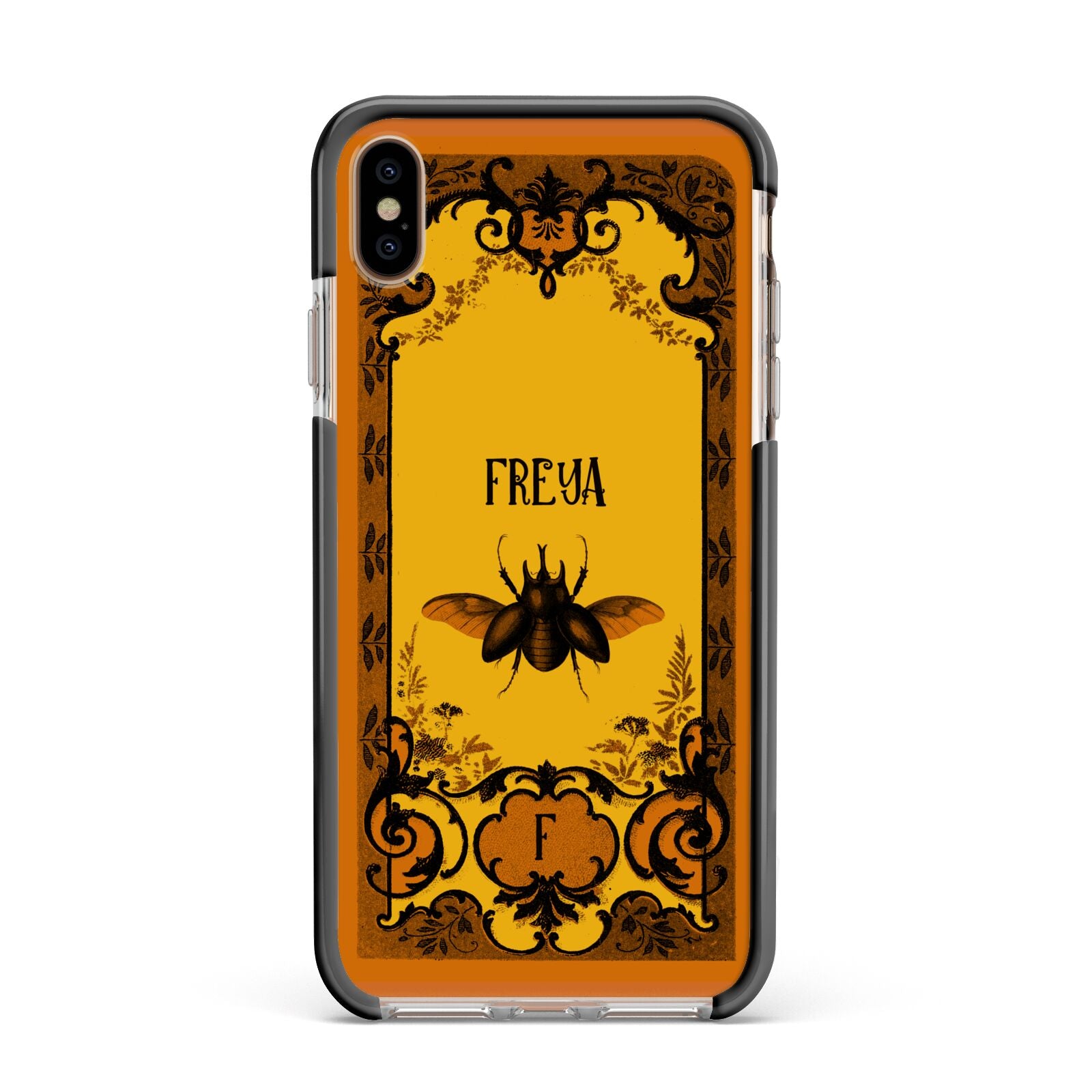 Personalised Vintage Spooky Beetle Apple iPhone Xs Max Impact Case Black Edge on Gold Phone