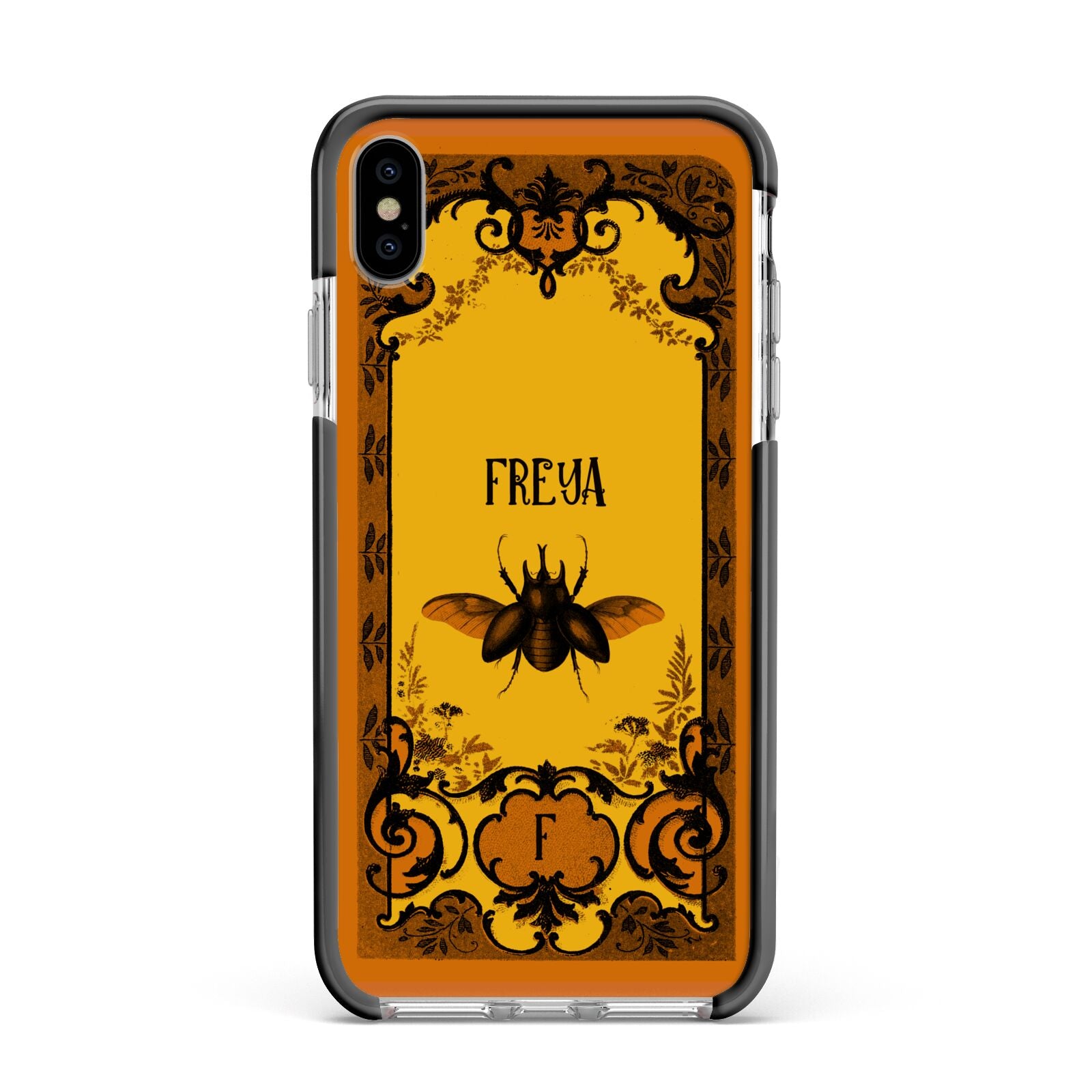 Personalised Vintage Spooky Beetle Apple iPhone Xs Max Impact Case Black Edge on Silver Phone