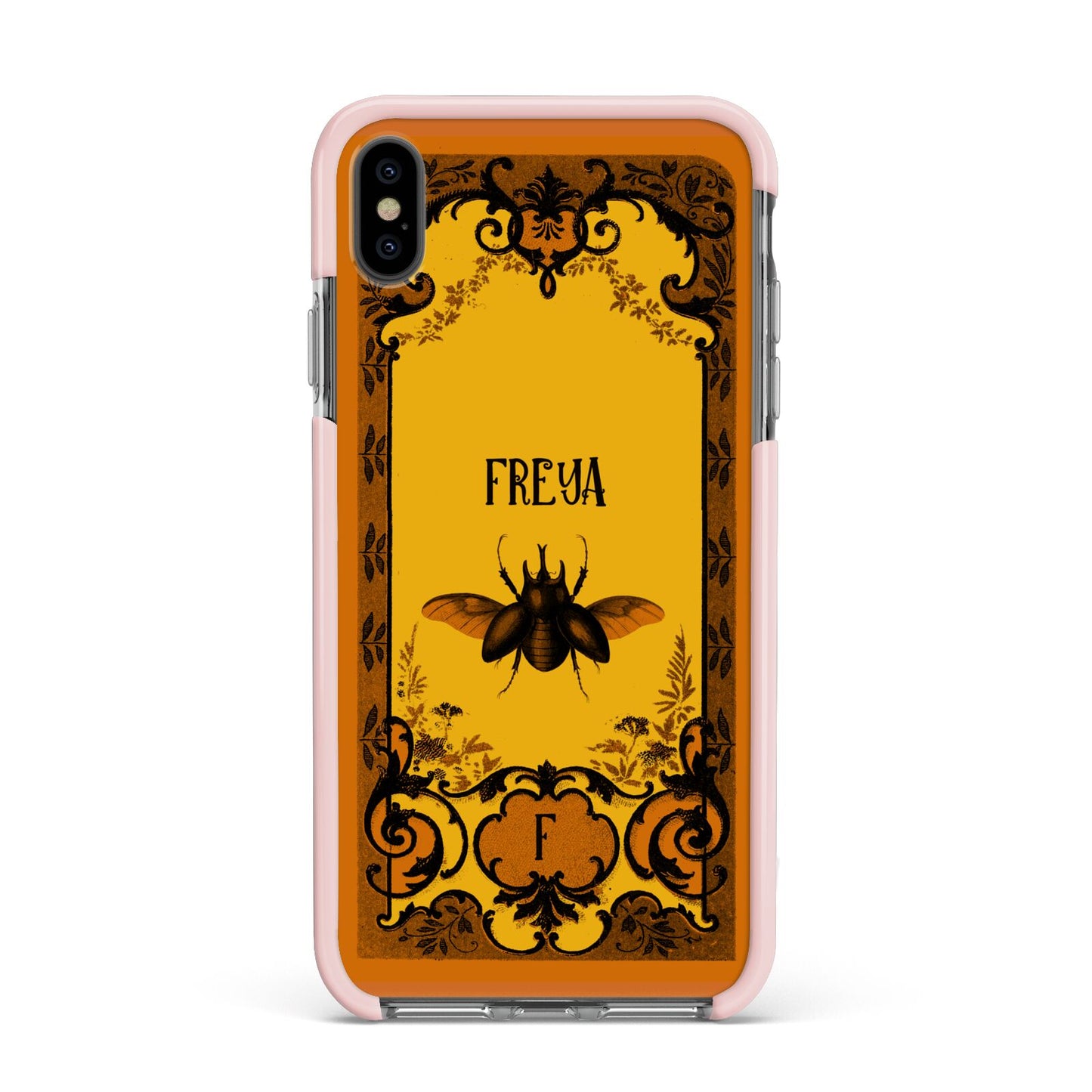 Personalised Vintage Spooky Beetle Apple iPhone Xs Max Impact Case Pink Edge on Black Phone