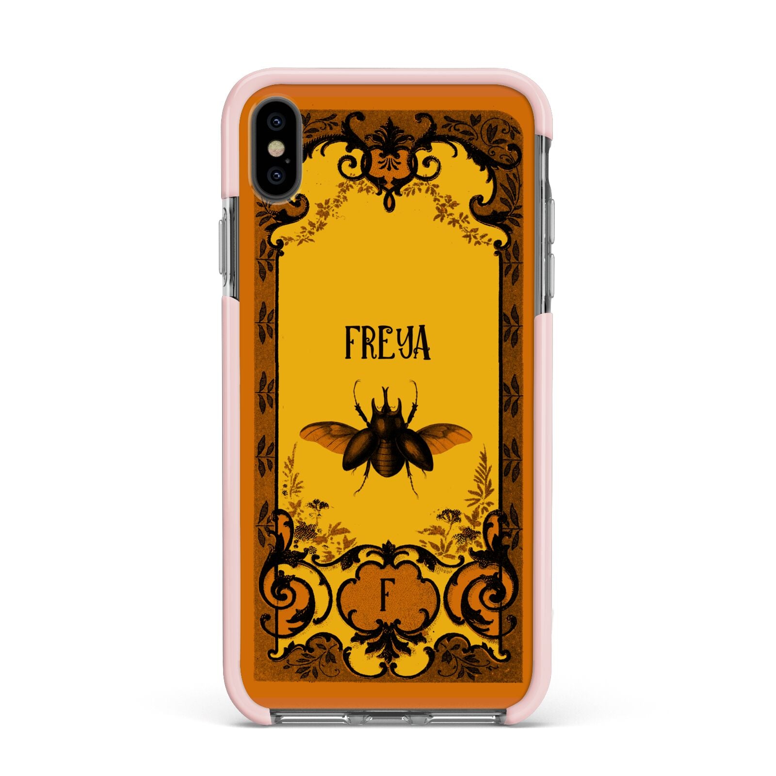 Personalised Vintage Spooky Beetle Apple iPhone Xs Max Impact Case Pink Edge on Black Phone