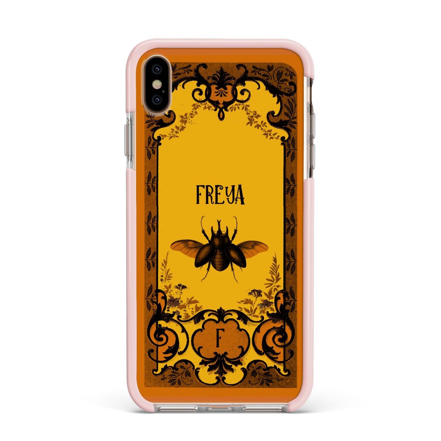 Personalised Vintage Spooky Beetle Apple iPhone Xs Max Impact Case Pink Edge on Gold Phone