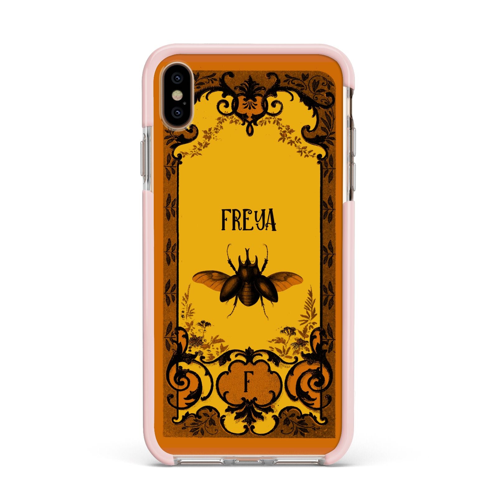 Personalised Vintage Spooky Beetle Apple iPhone Xs Max Impact Case Pink Edge on Gold Phone