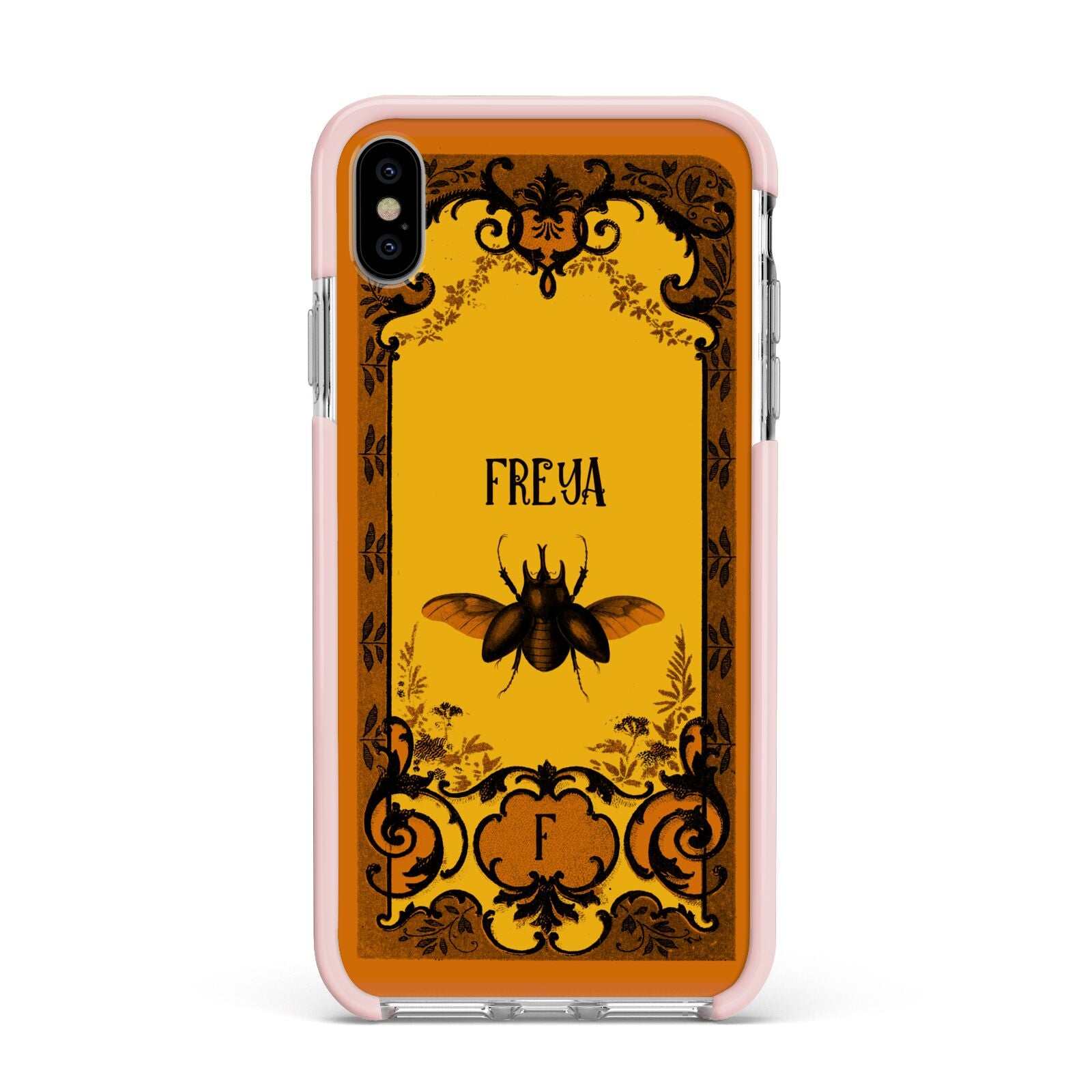 Personalised Vintage Spooky Beetle Apple iPhone Xs Max Impact Case Pink Edge on Silver Phone