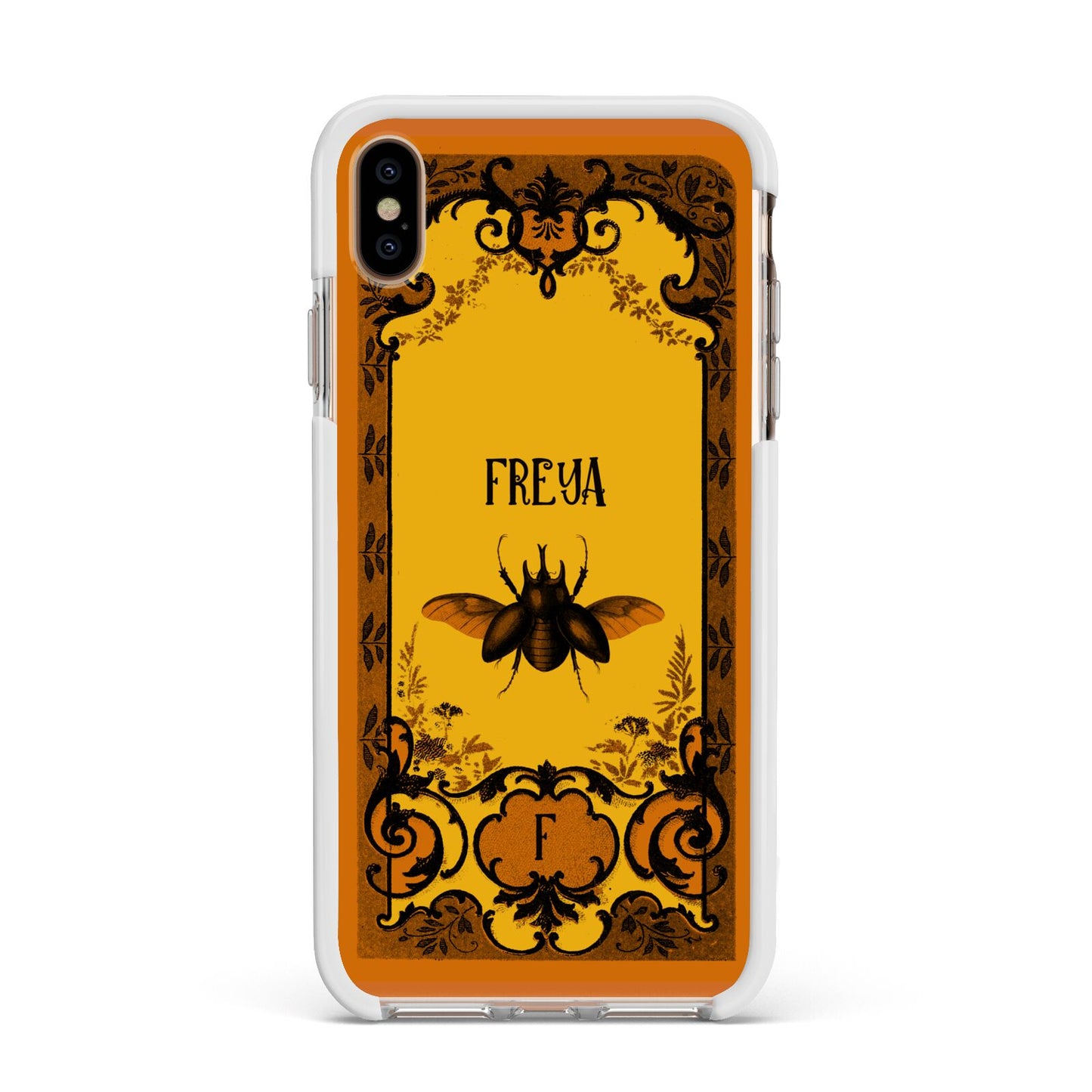 Personalised Vintage Spooky Beetle Apple iPhone Xs Max Impact Case White Edge on Gold Phone