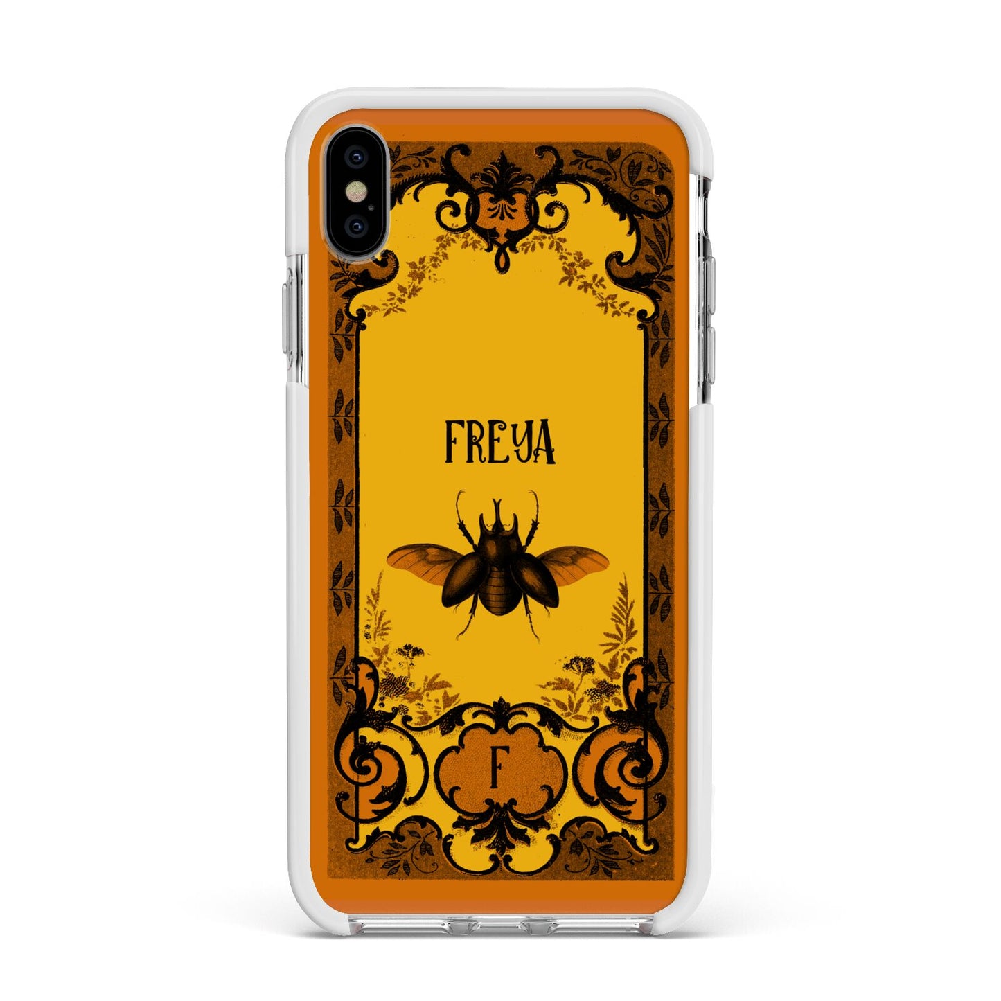 Personalised Vintage Spooky Beetle Apple iPhone Xs Max Impact Case White Edge on Silver Phone