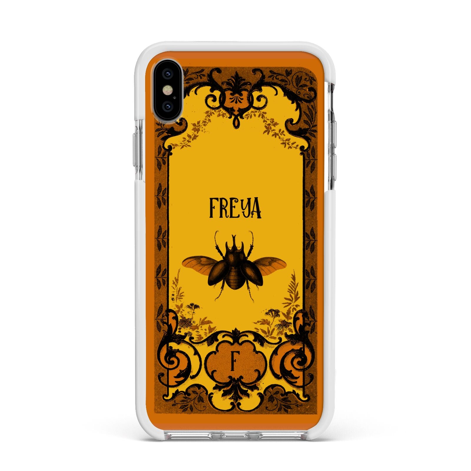 Personalised Vintage Spooky Beetle Apple iPhone Xs Max Impact Case White Edge on Silver Phone