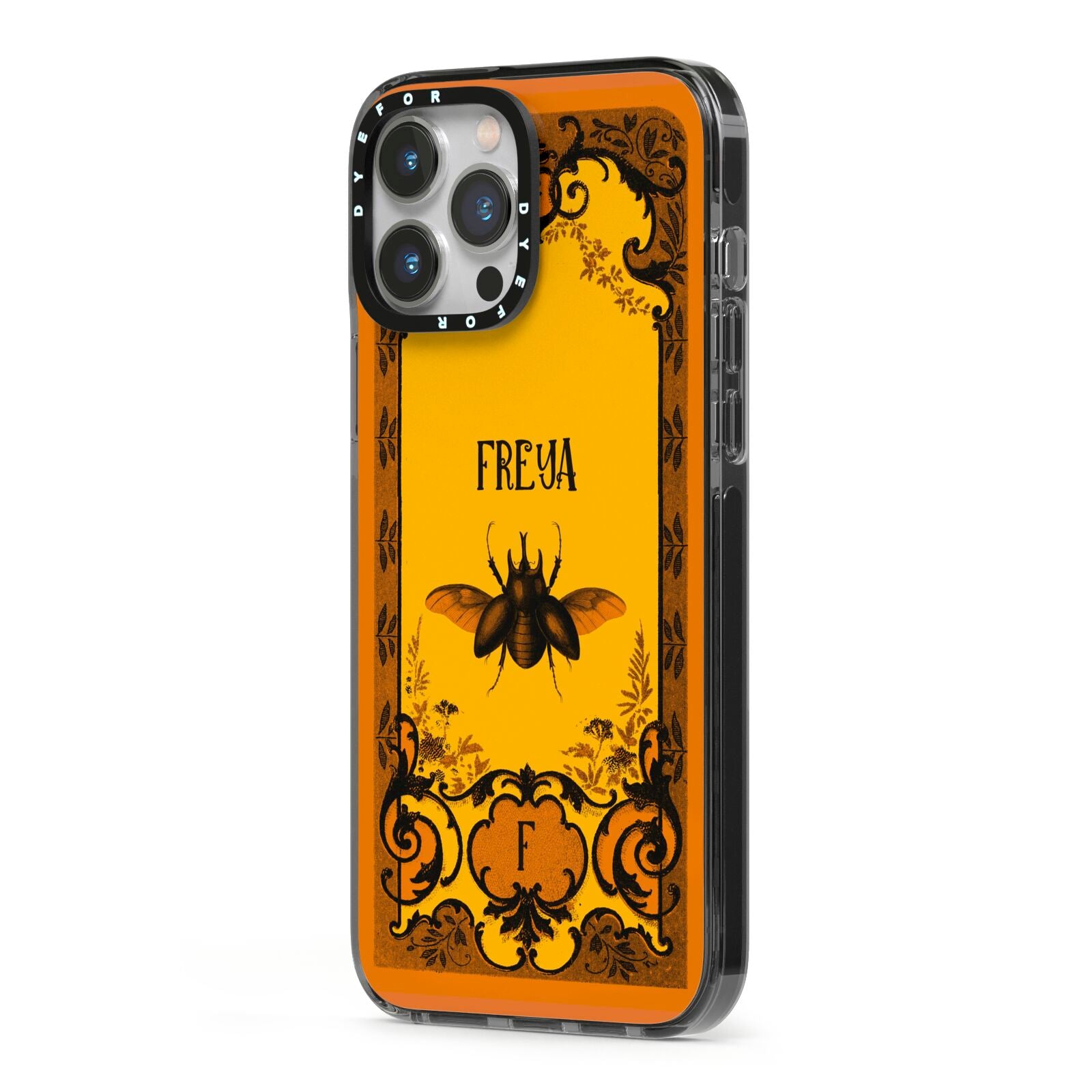 Personalised Vintage Spooky Beetle iPhone 13 Pro Max Black Impact Case Side Angle on Silver phone