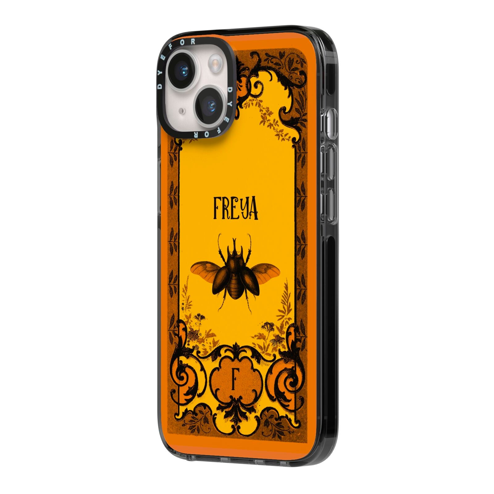 Personalised Vintage Spooky Beetle iPhone 14 Black Impact Case Side Angle on Silver phone