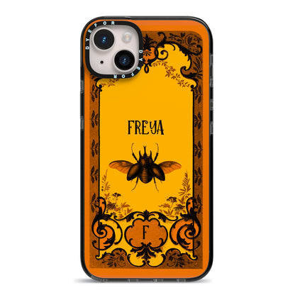 Personalised Vintage Spooky Beetle iPhone 14 Plus Black Impact Case on Silver phone