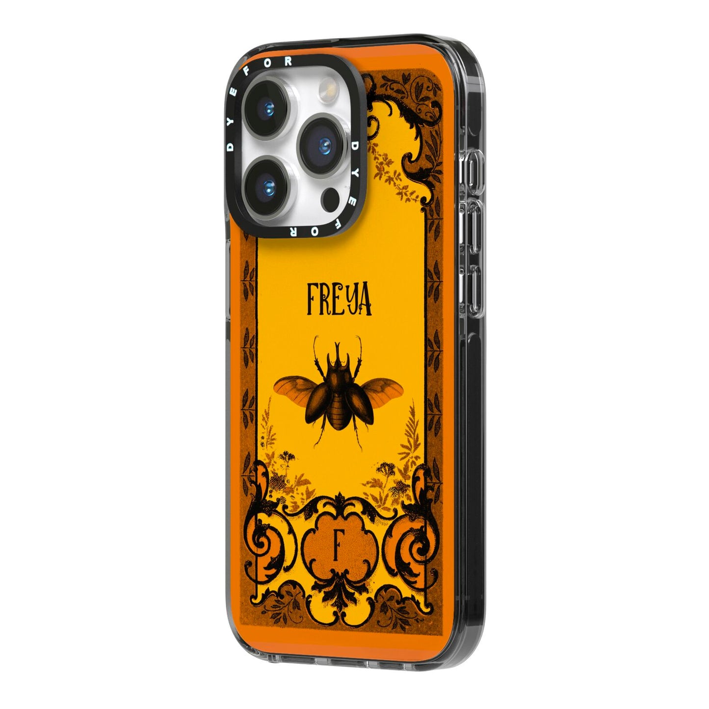 Personalised Vintage Spooky Beetle iPhone 14 Pro Black Impact Case Side Angle on Silver phone