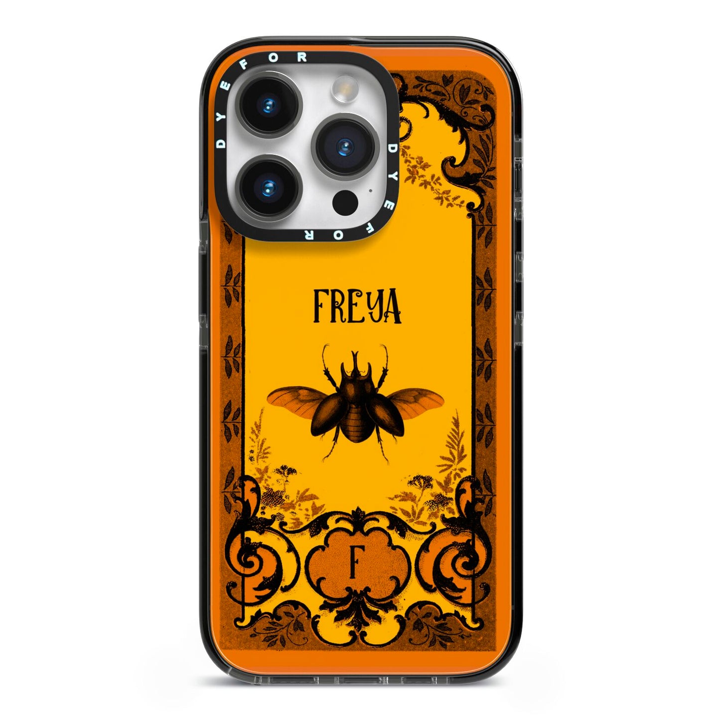 Personalised Vintage Spooky Beetle iPhone 14 Pro Black Impact Case on Silver phone