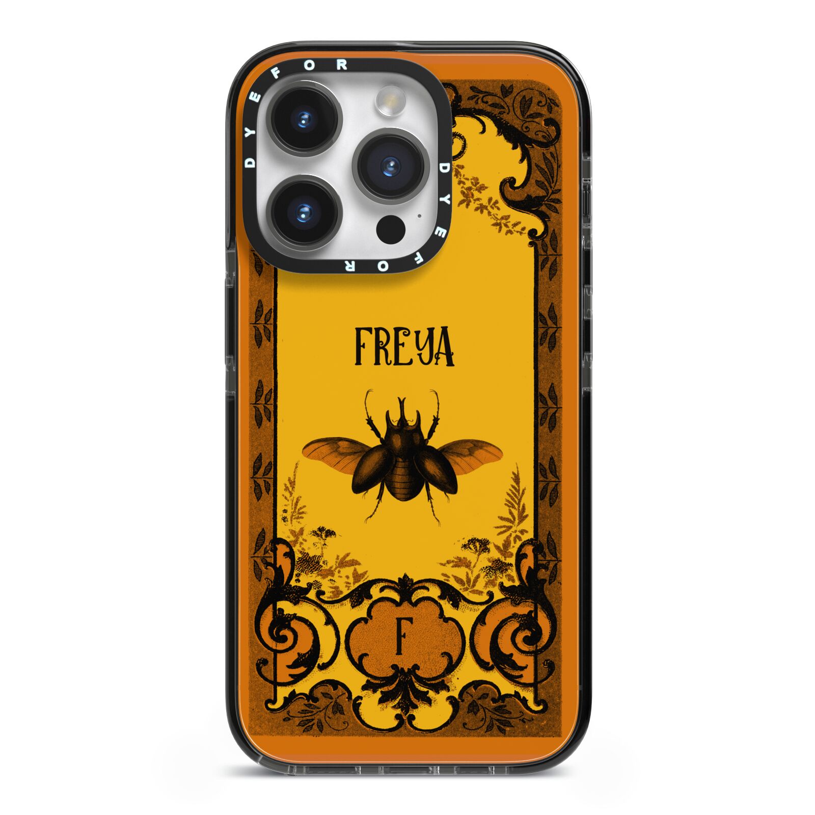 Personalised Vintage Spooky Beetle iPhone 14 Pro Black Impact Case on Silver phone