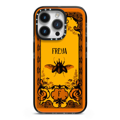 Personalised Vintage Spooky Beetle iPhone 14 Pro Black Impact Case on Silver phone