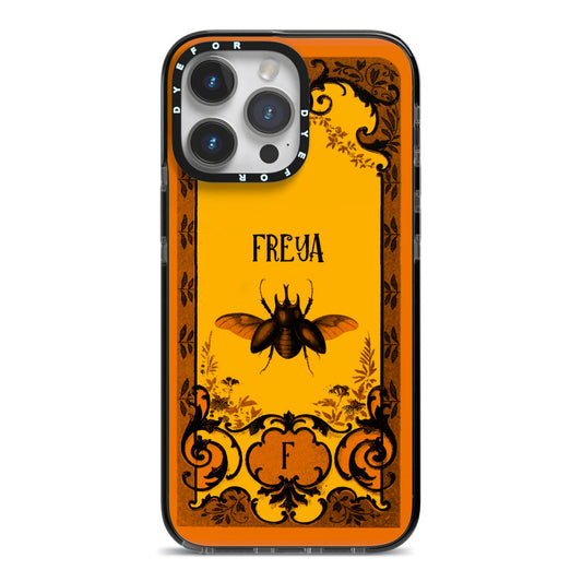 Personalised Vintage Spooky Beetle iPhone 14 Pro Max Black Impact Case on Silver phone