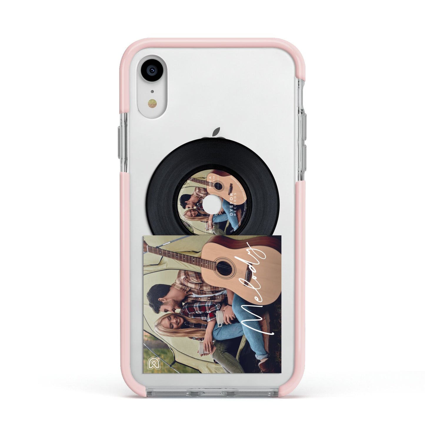 Personalised Vinyl Record Apple iPhone XR Impact Case Pink Edge on Silver Phone