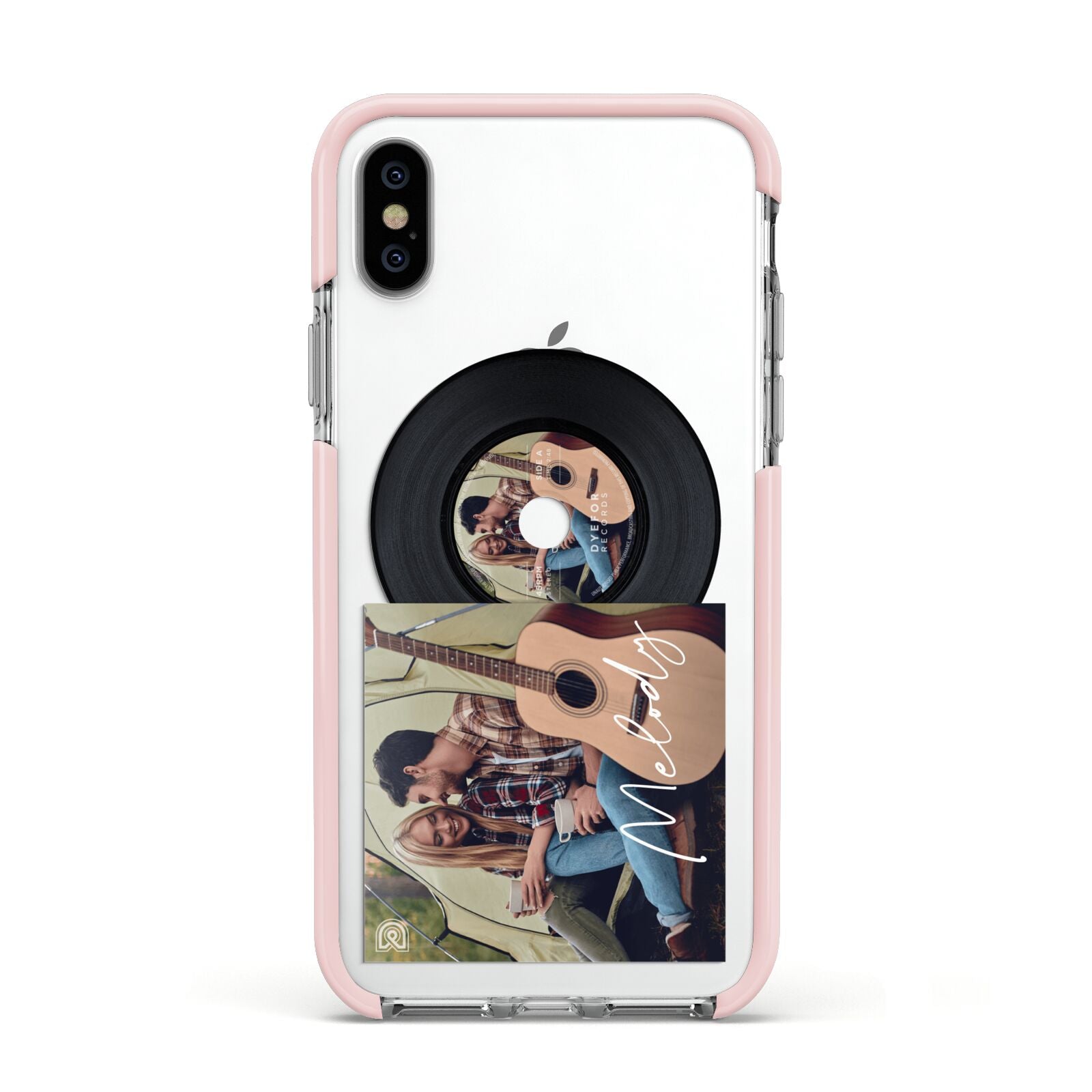 Personalised Vinyl Record Apple iPhone Xs Impact Case Pink Edge on Silver Phone