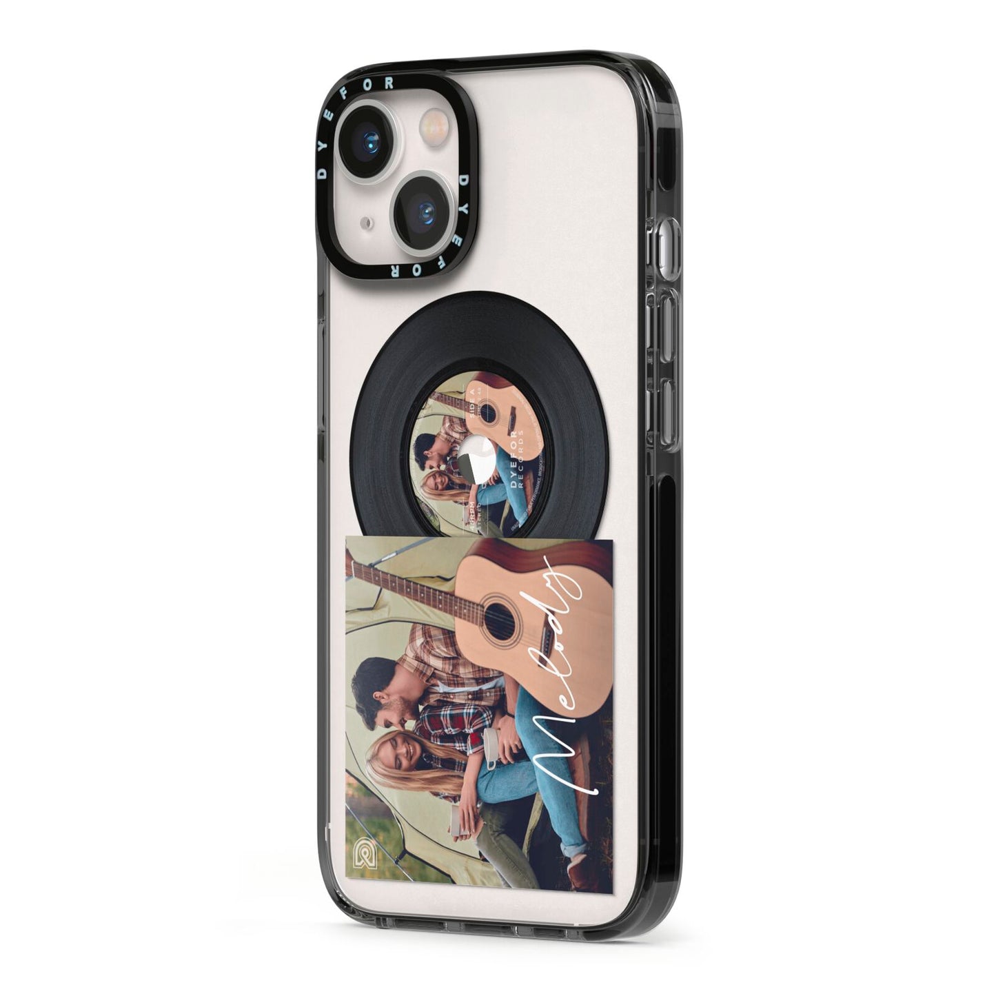 Personalised Vinyl Record iPhone 13 Black Impact Case Side Angle on Silver phone