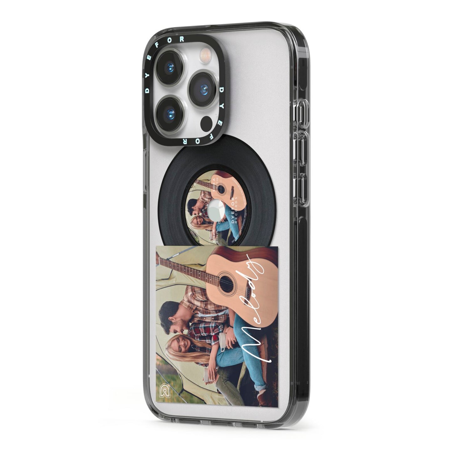 Personalised Vinyl Record iPhone 13 Pro Black Impact Case Side Angle on Silver phone
