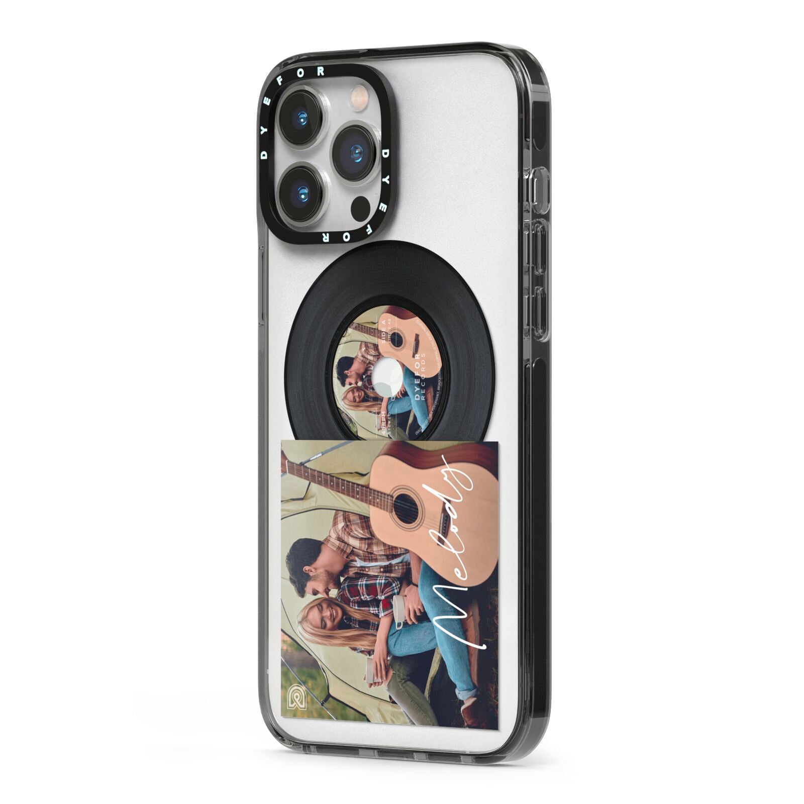 Personalised Vinyl Record iPhone 13 Pro Max Black Impact Case Side Angle on Silver phone