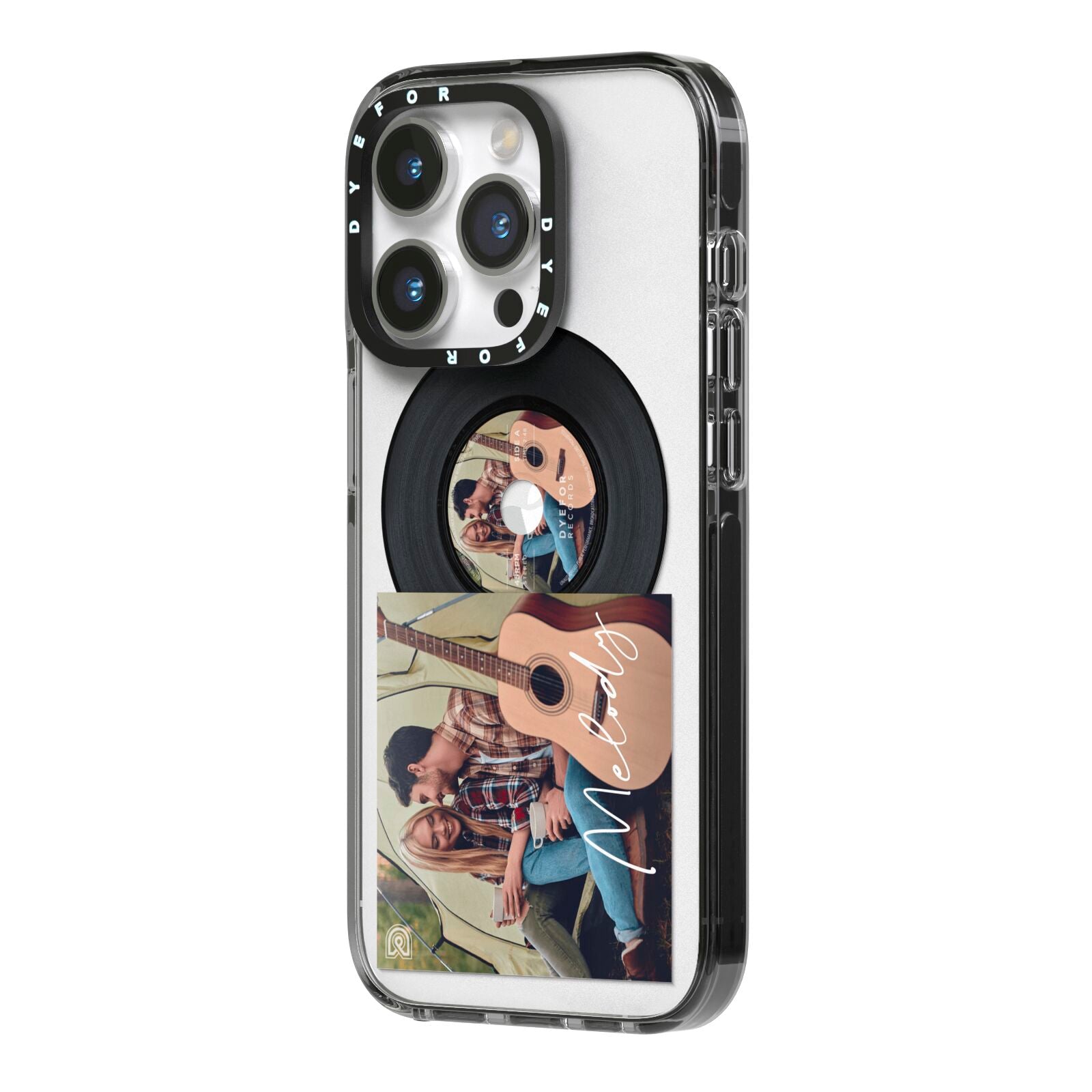 Personalised Vinyl Record iPhone 14 Pro Black Impact Case Side Angle on Silver phone