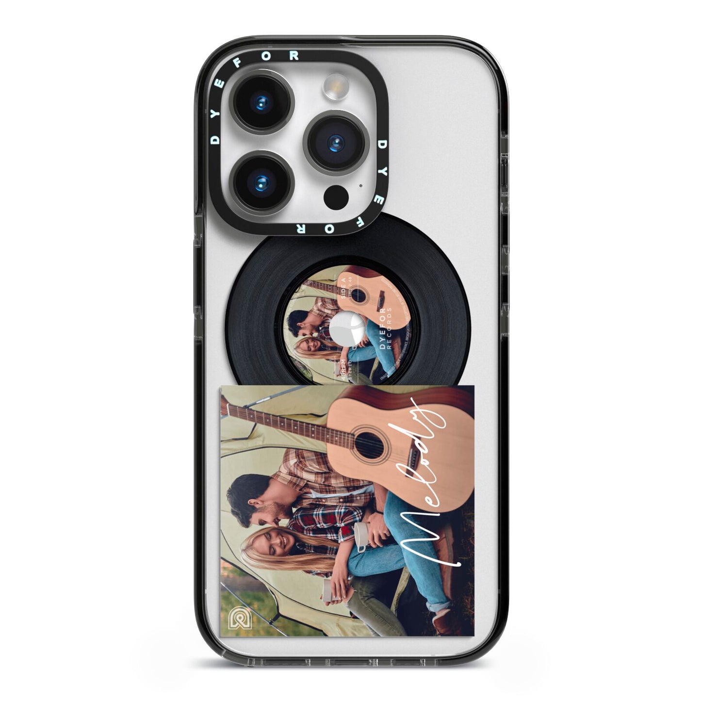 Personalised Vinyl Record iPhone 14 Pro Black Impact Case on Silver phone