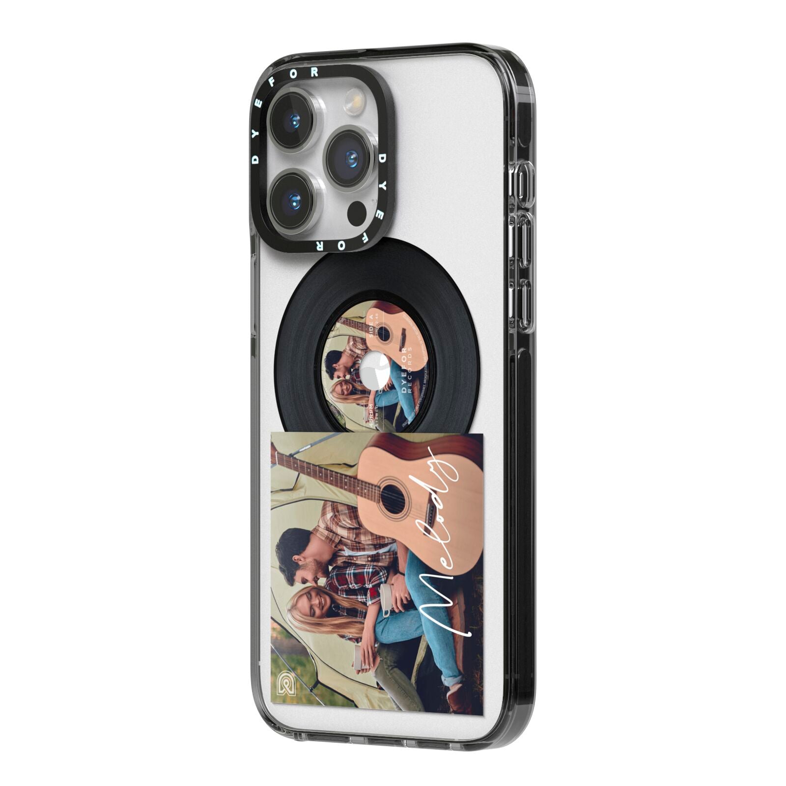 Personalised Vinyl Record iPhone 14 Pro Max Black Impact Case Side Angle on Silver phone