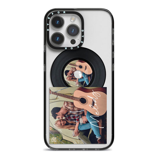 Personalised Vinyl Record iPhone 14 Pro Max Black Impact Case on Silver phone