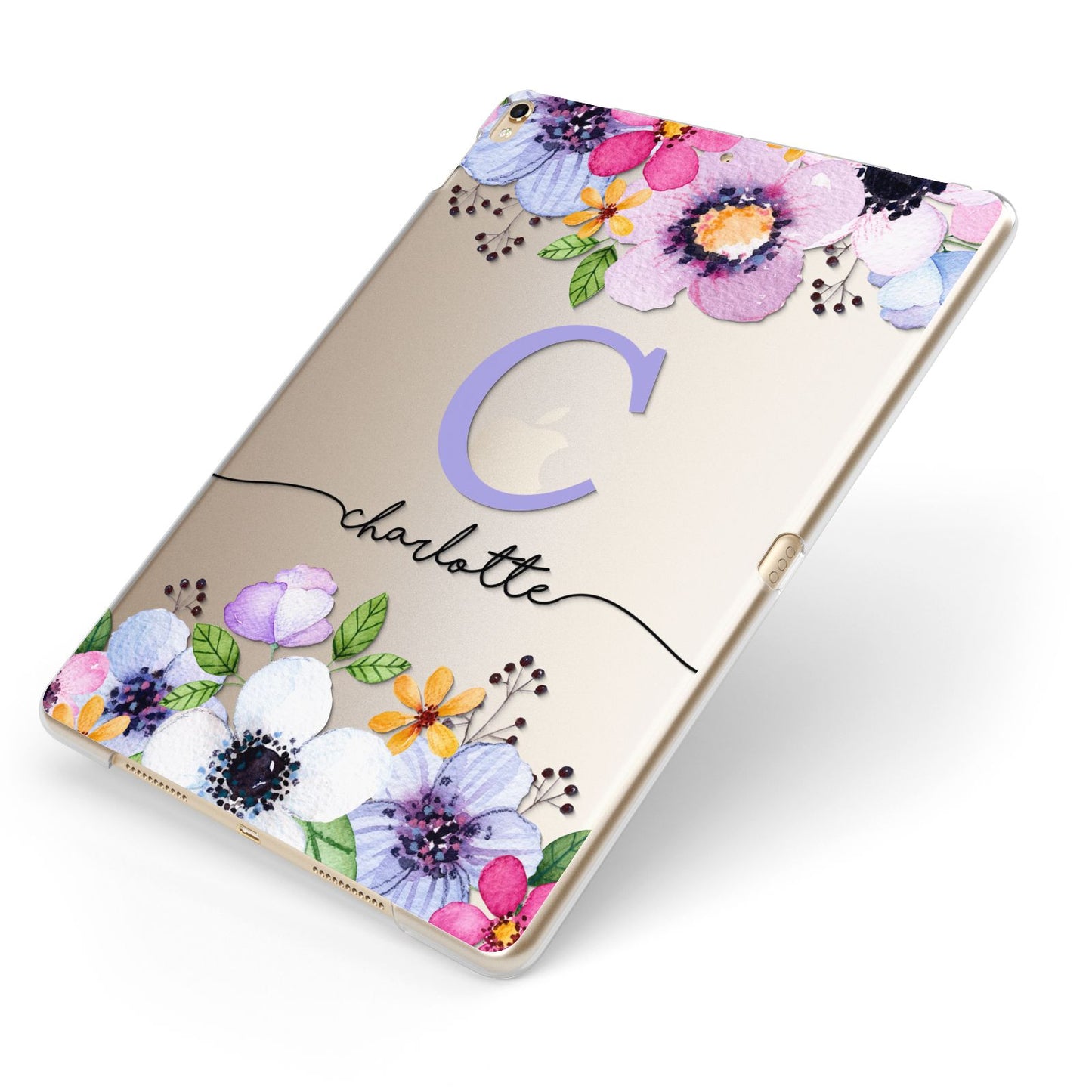 Personalised Violet Flowers Apple iPad Case on Gold iPad Side View