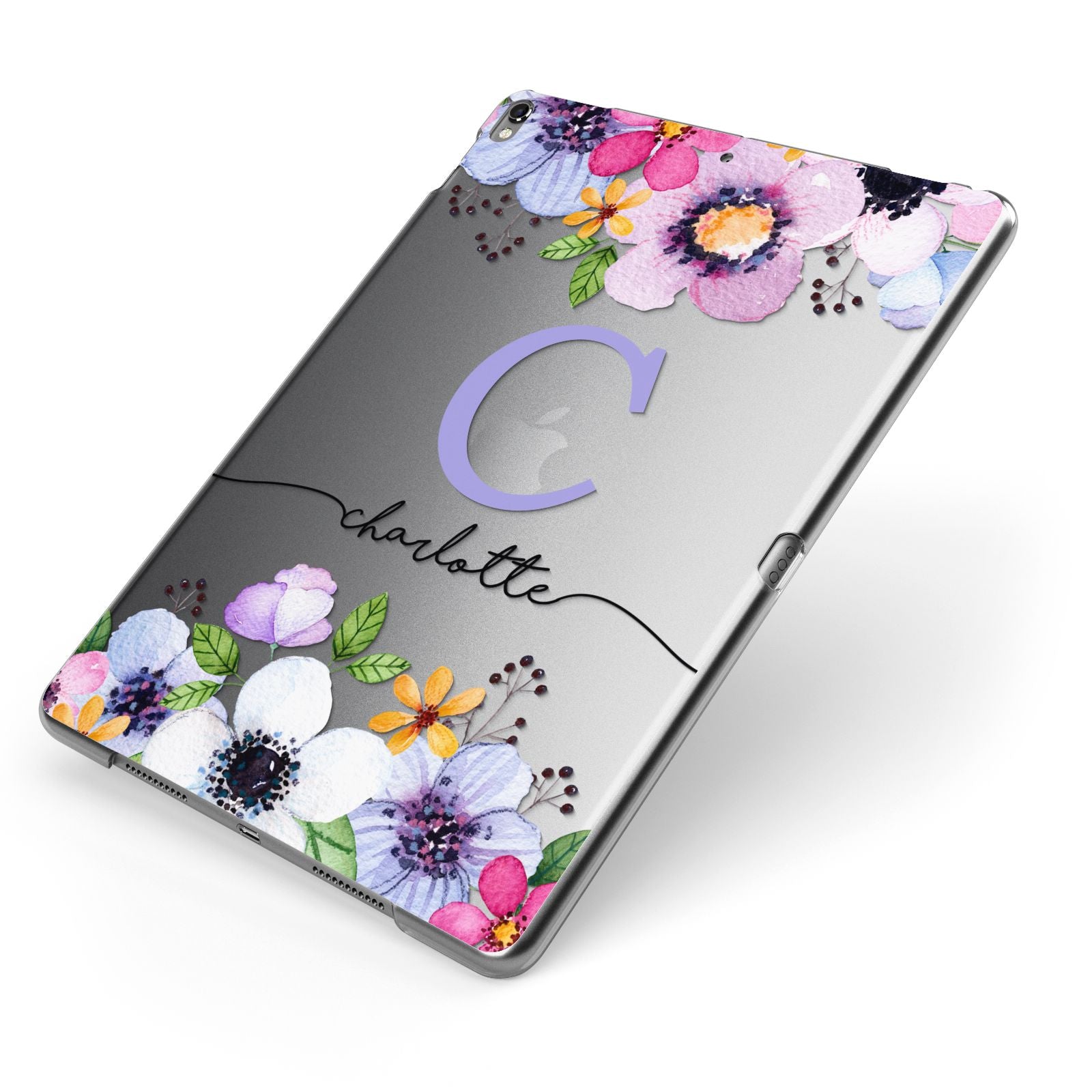 Personalised Violet Flowers Apple iPad Case on Grey iPad Side View