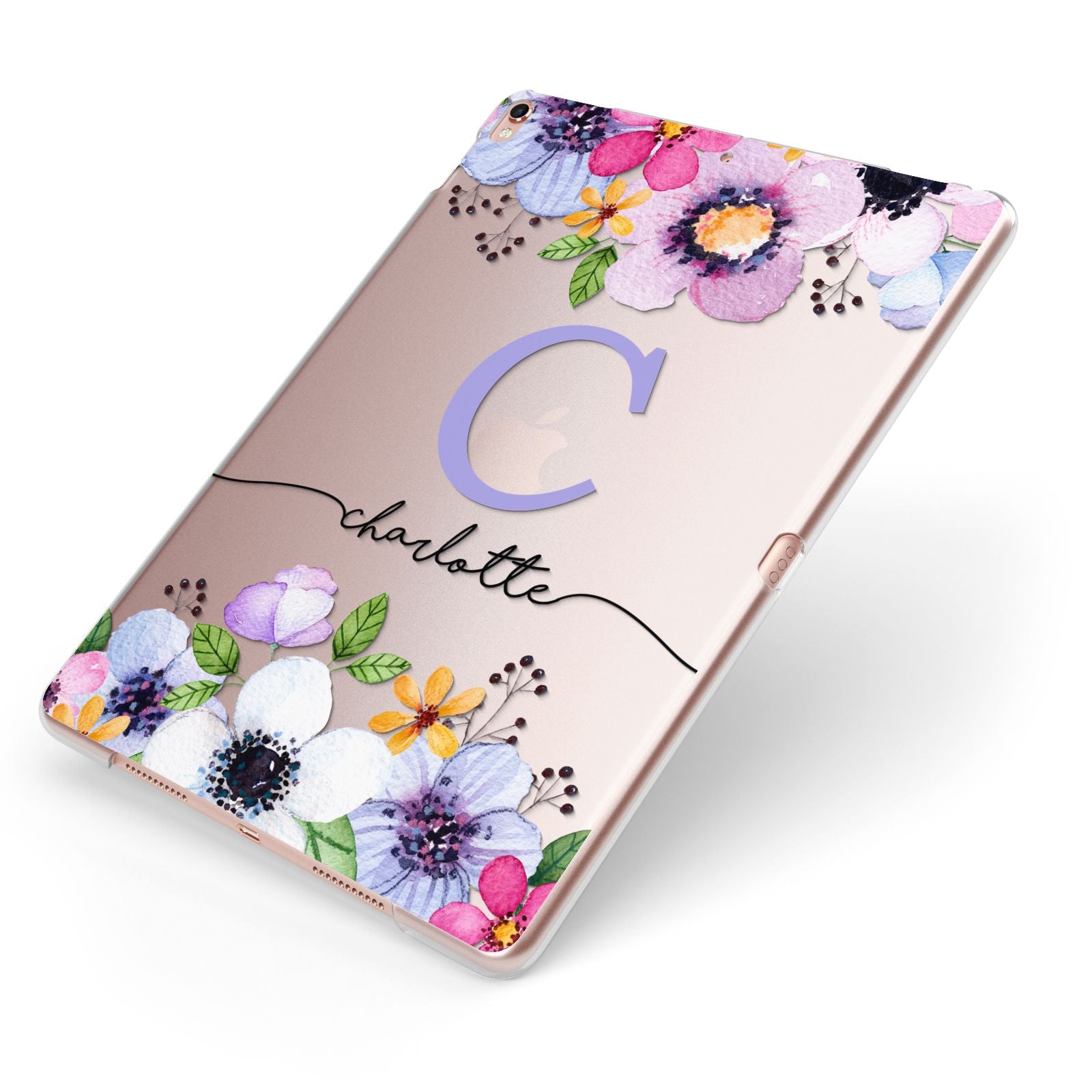 Personalised Violet Flowers Apple iPad Case on Rose Gold iPad Side View