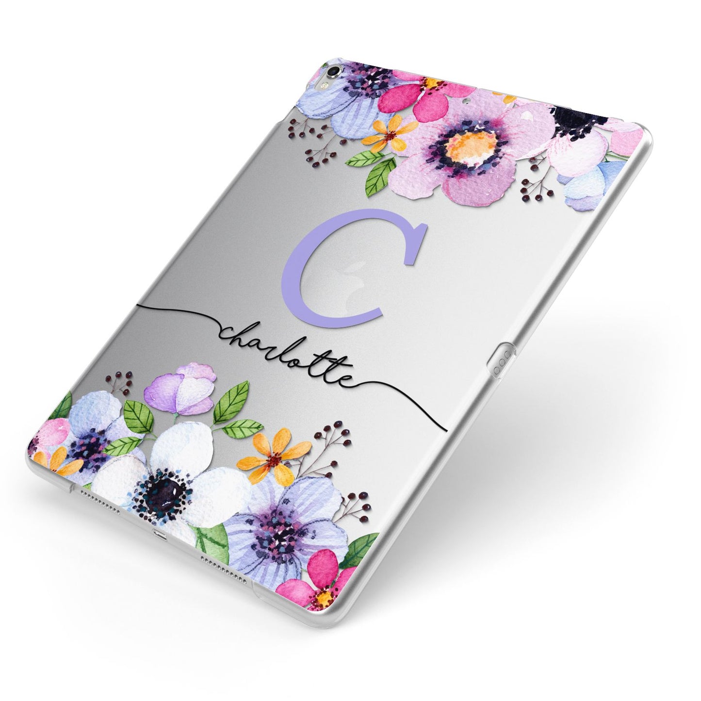 Personalised Violet Flowers Apple iPad Case on Silver iPad Side View