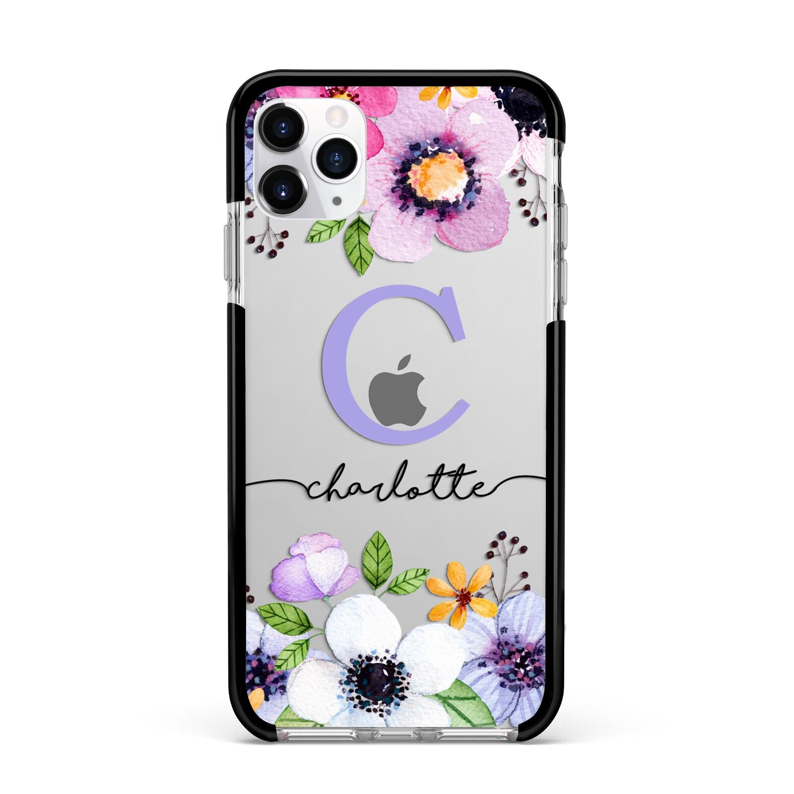 Personalised Violet Flowers Apple iPhone 11 Pro Max in Silver with Black Impact Case