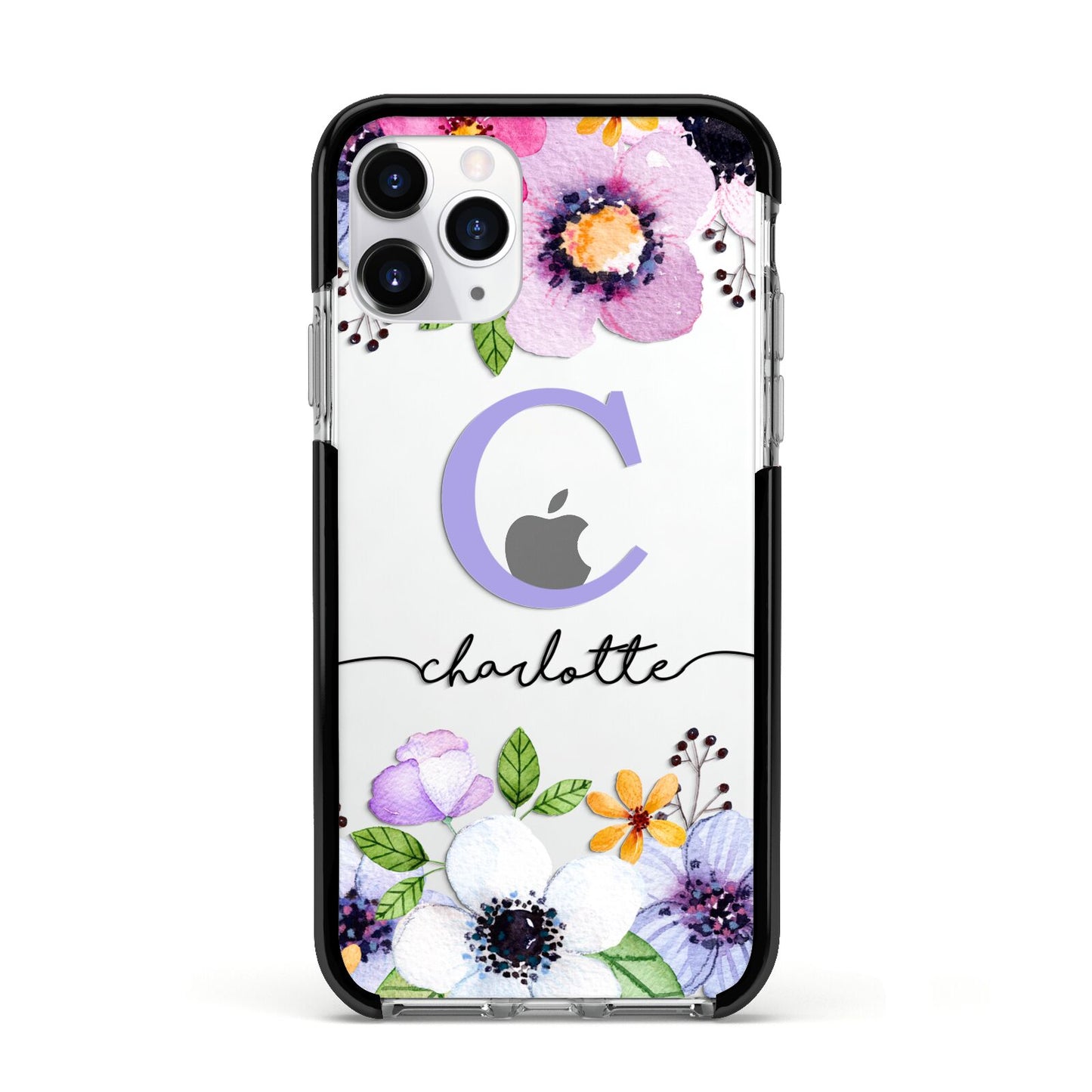 Personalised Violet Flowers Apple iPhone 11 Pro in Silver with Black Impact Case