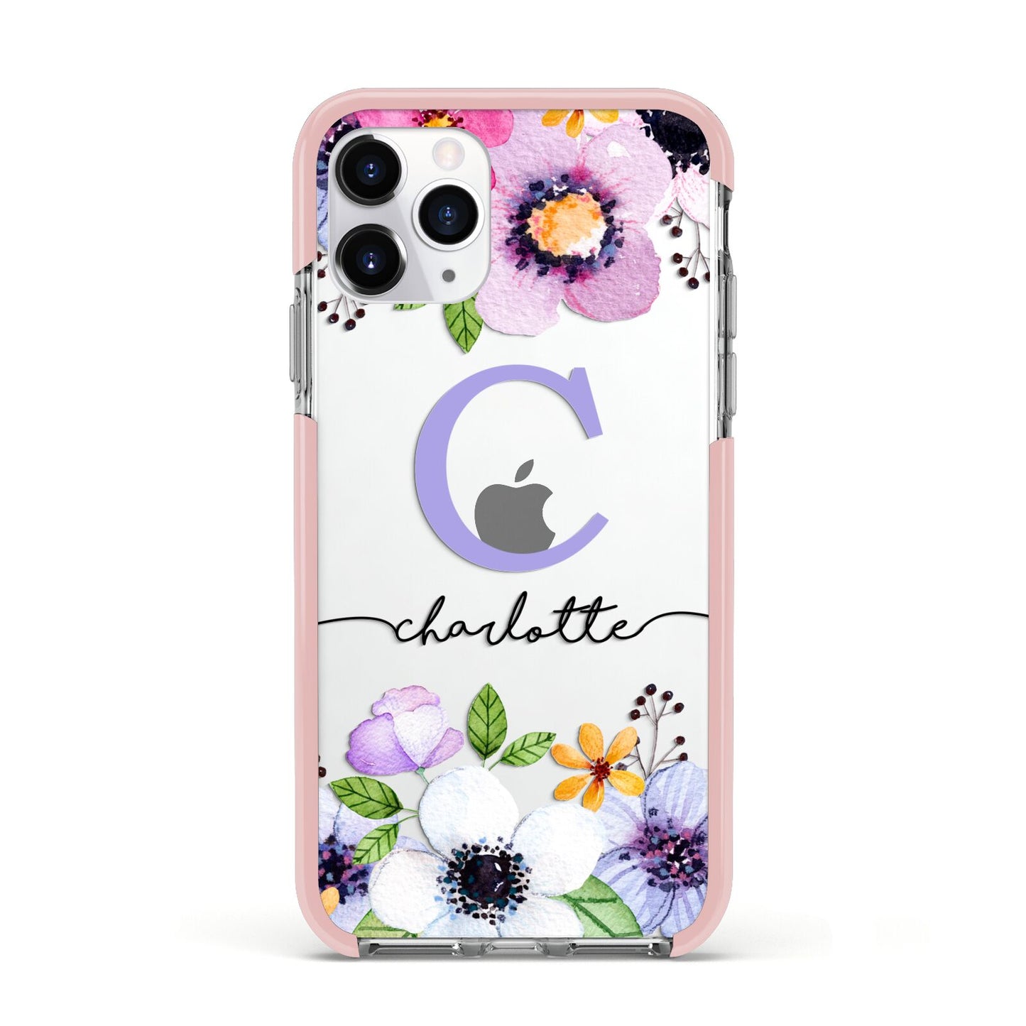 Personalised Violet Flowers Apple iPhone 11 Pro in Silver with Pink Impact Case