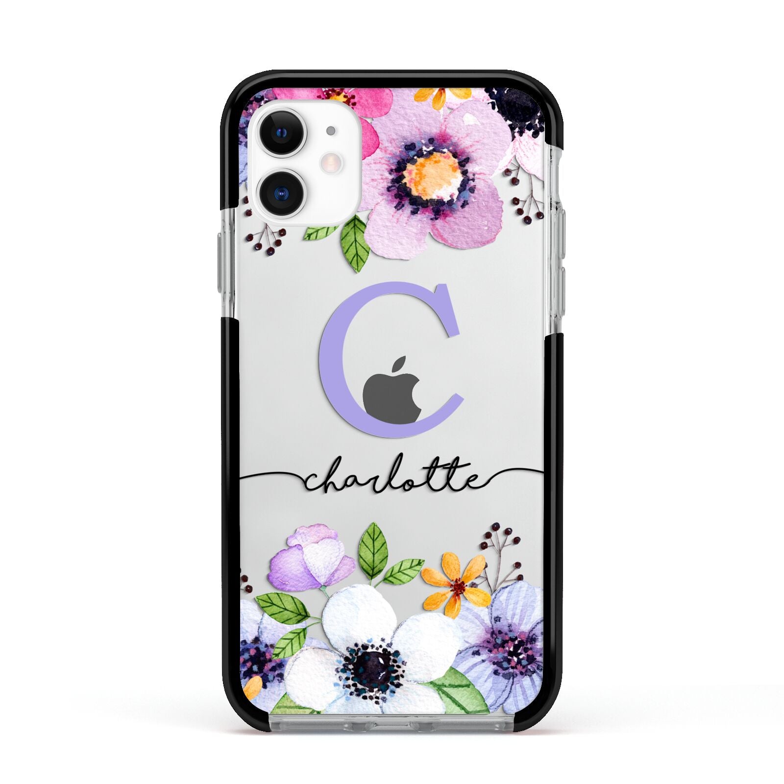 Personalised Violet Flowers Apple iPhone 11 in White with Black Impact Case