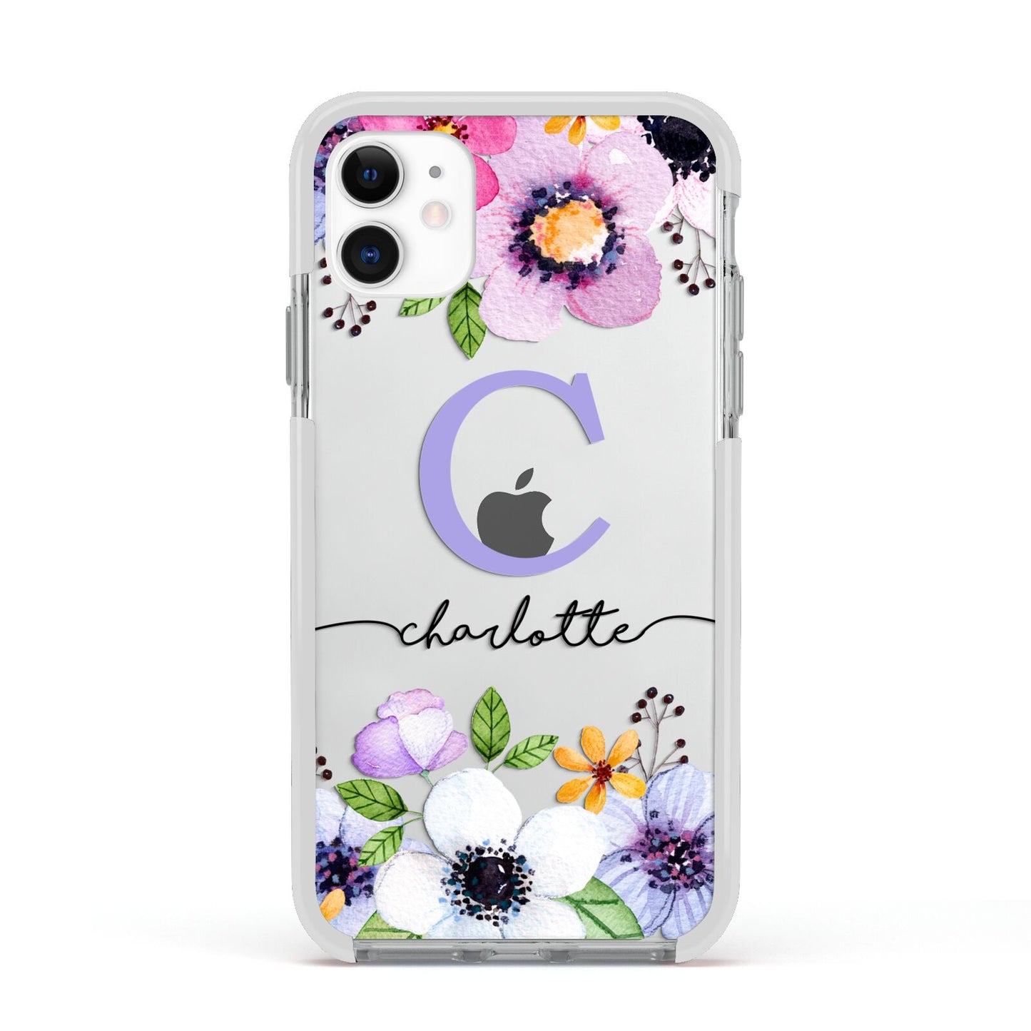 Personalised Violet Flowers Apple iPhone 11 in White with White Impact Case