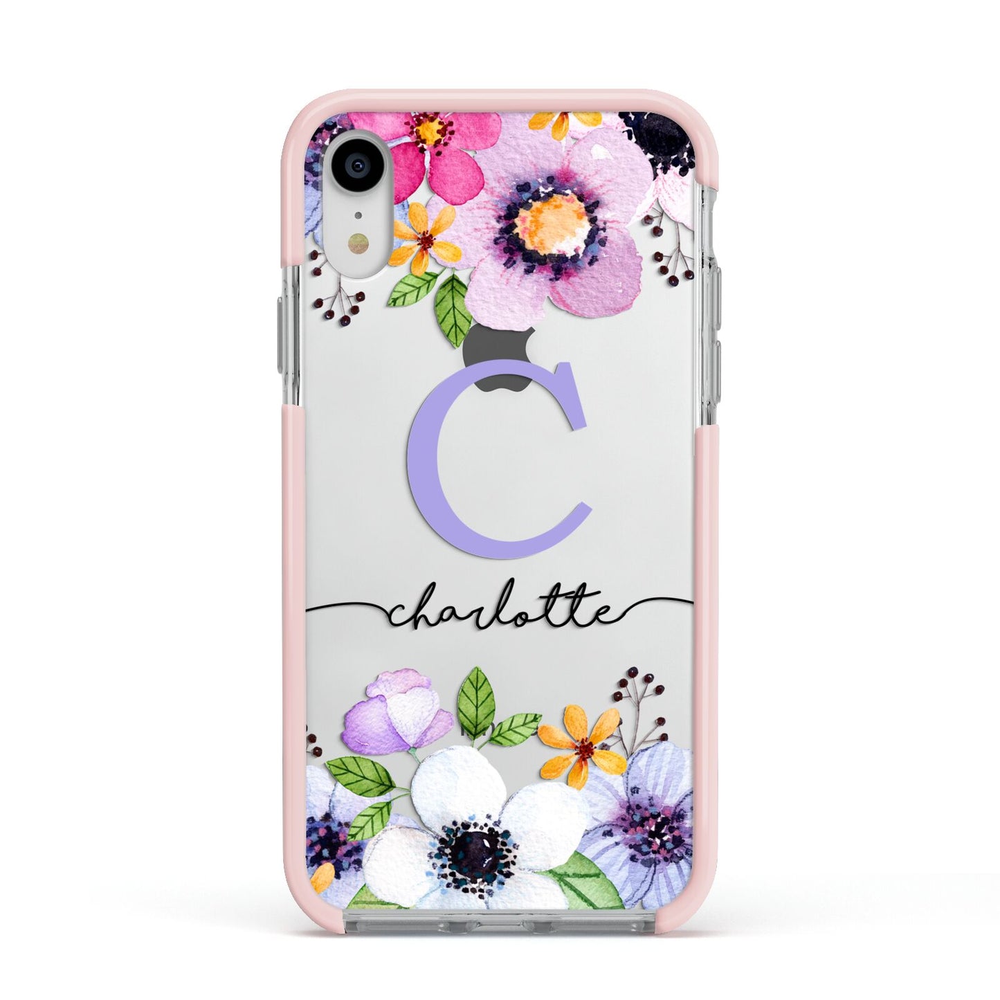 Personalised Violet Flowers Apple iPhone XR Impact Case Pink Edge on Silver Phone