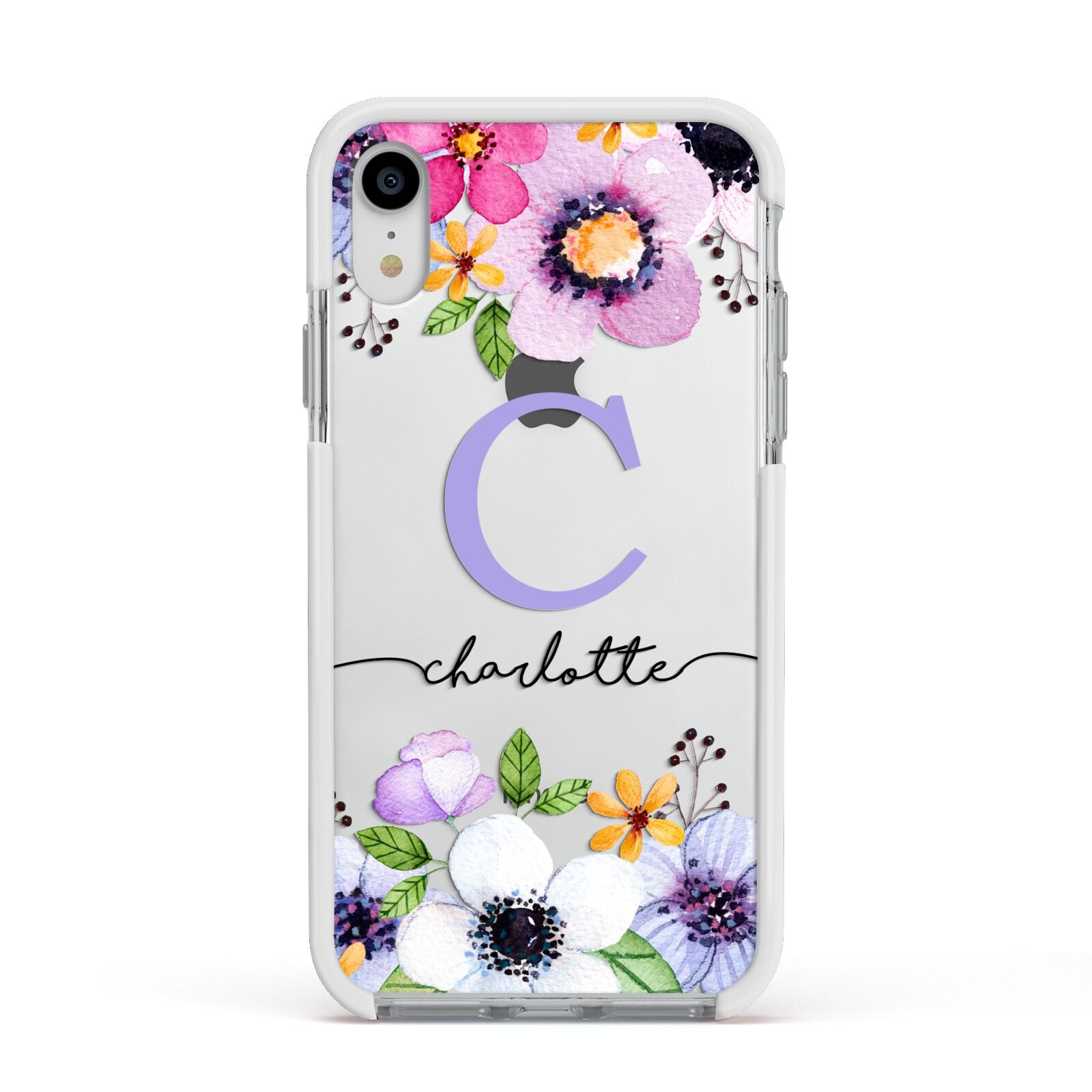 Personalised Violet Flowers Apple iPhone XR Impact Case White Edge on Silver Phone