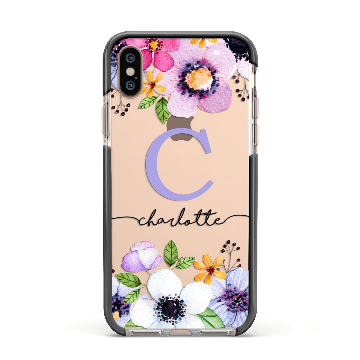 Personalised Violet Flowers Apple iPhone Xs Impact Case Black Edge on Gold Phone