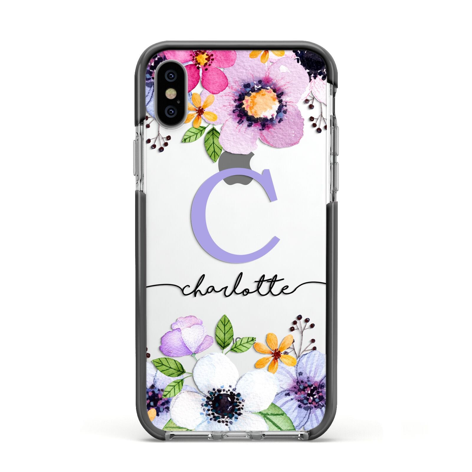 Personalised Violet Flowers Apple iPhone Xs Impact Case Black Edge on Silver Phone