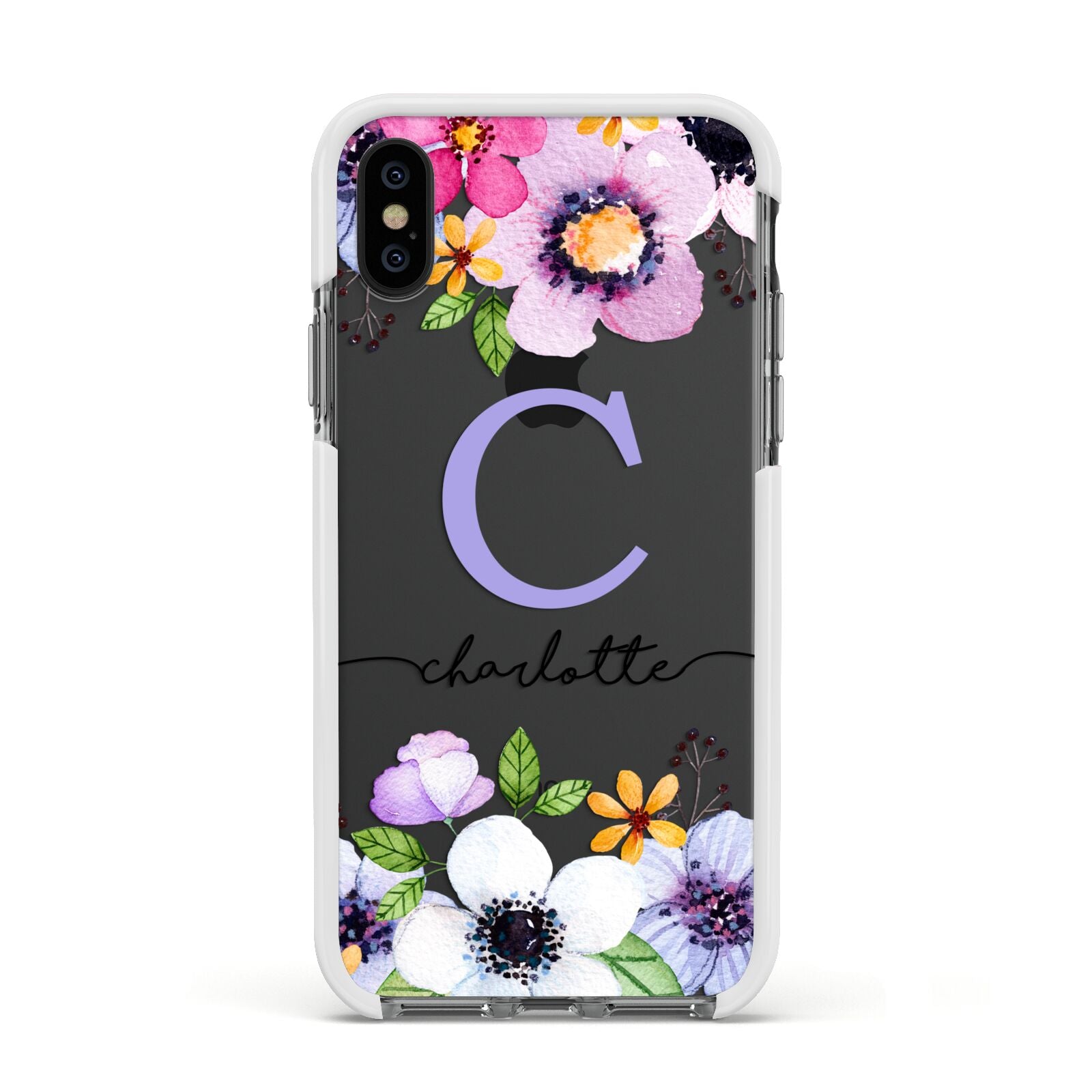 Personalised Violet Flowers Apple iPhone Xs Impact Case White Edge on Black Phone