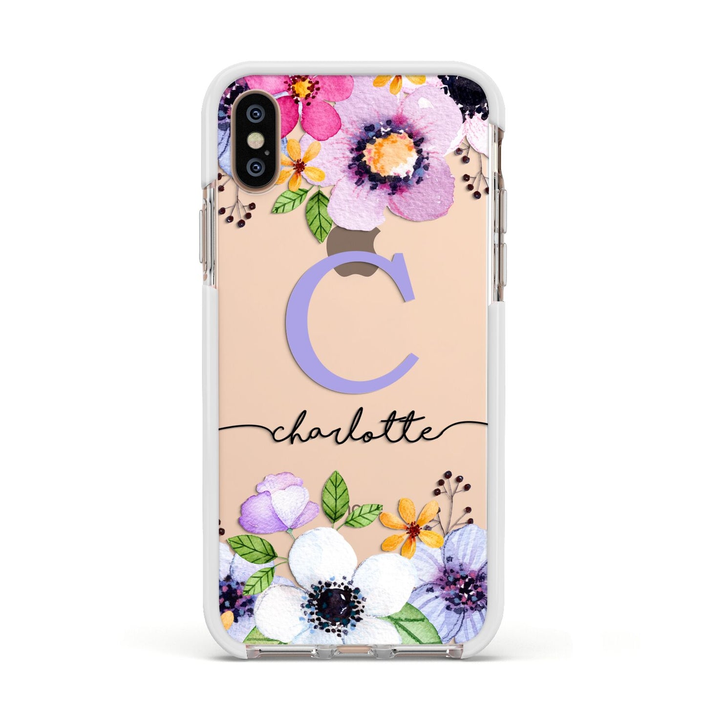 Personalised Violet Flowers Apple iPhone Xs Impact Case White Edge on Gold Phone
