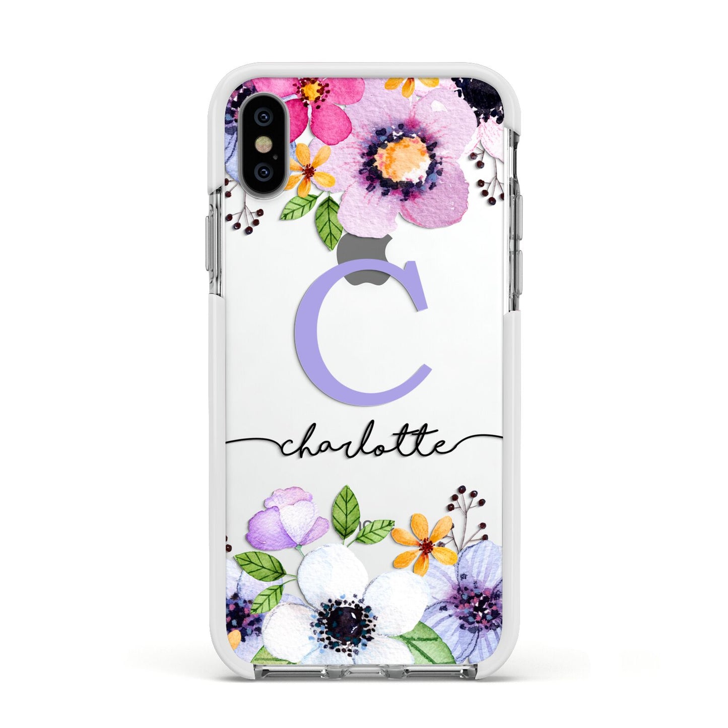 Personalised Violet Flowers Apple iPhone Xs Impact Case White Edge on Silver Phone