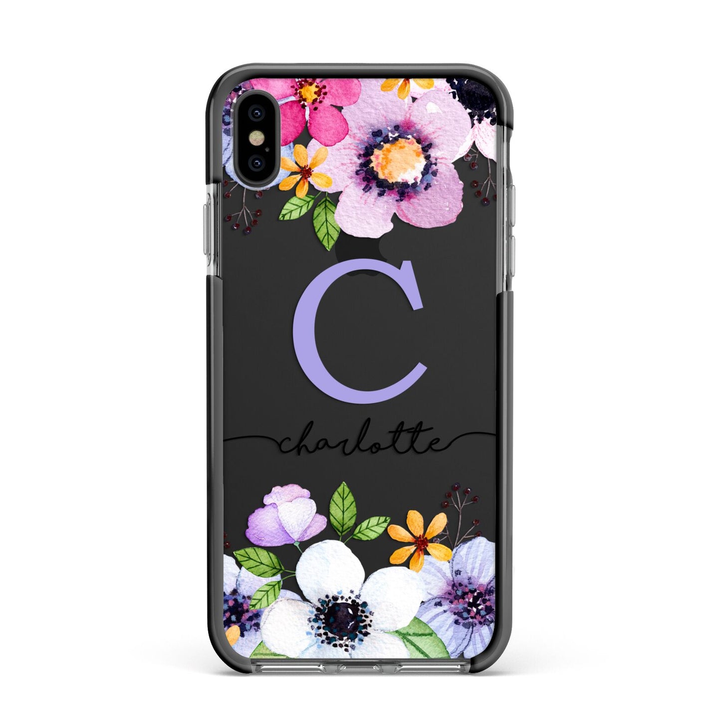 Personalised Violet Flowers Apple iPhone Xs Max Impact Case Black Edge on Black Phone