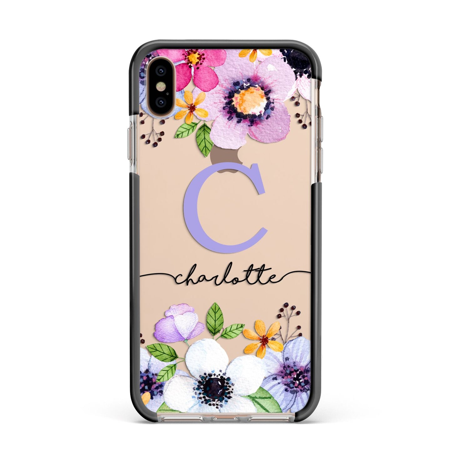 Personalised Violet Flowers Apple iPhone Xs Max Impact Case Black Edge on Gold Phone