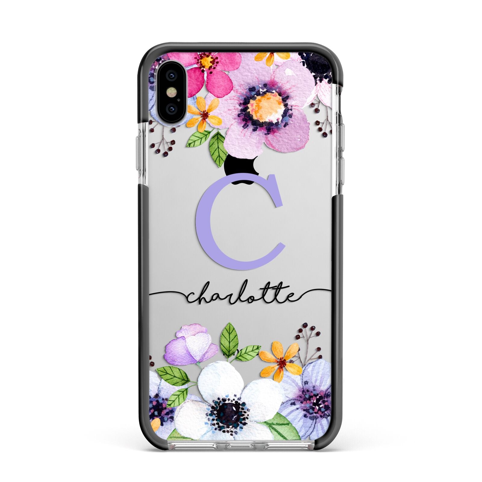 Personalised Violet Flowers Apple iPhone Xs Max Impact Case Black Edge on Silver Phone