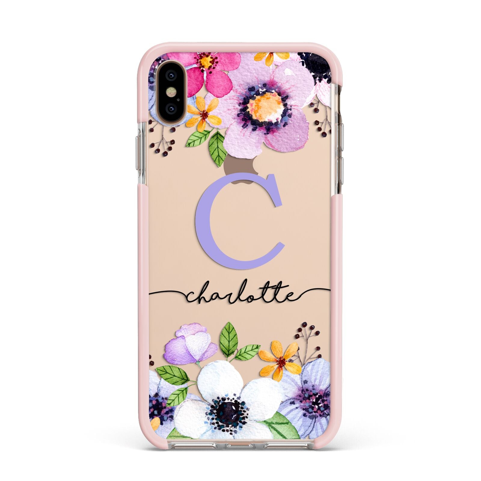 Personalised Violet Flowers Apple iPhone Xs Max Impact Case Pink Edge on Gold Phone
