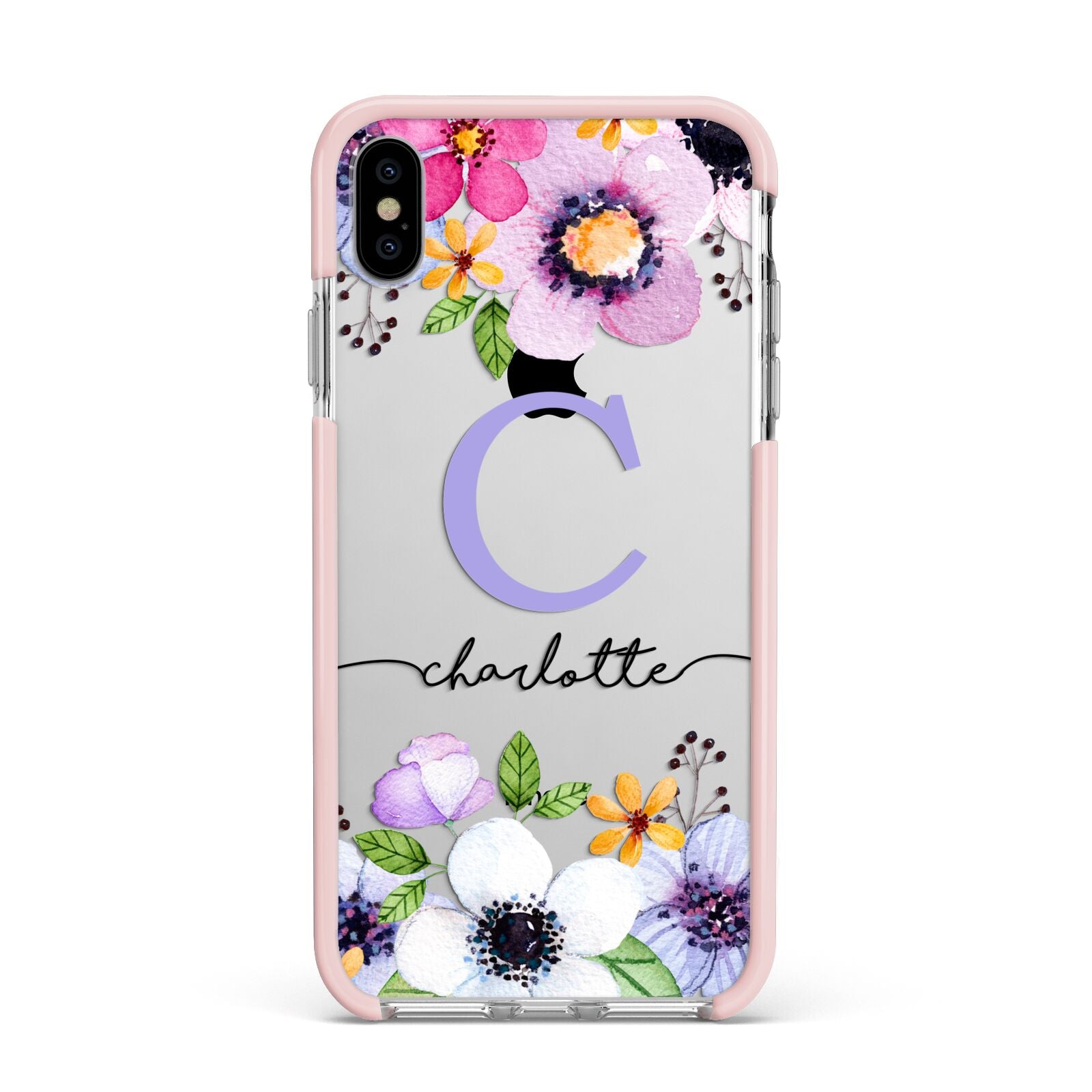 Personalised Violet Flowers Apple iPhone Xs Max Impact Case Pink Edge on Silver Phone